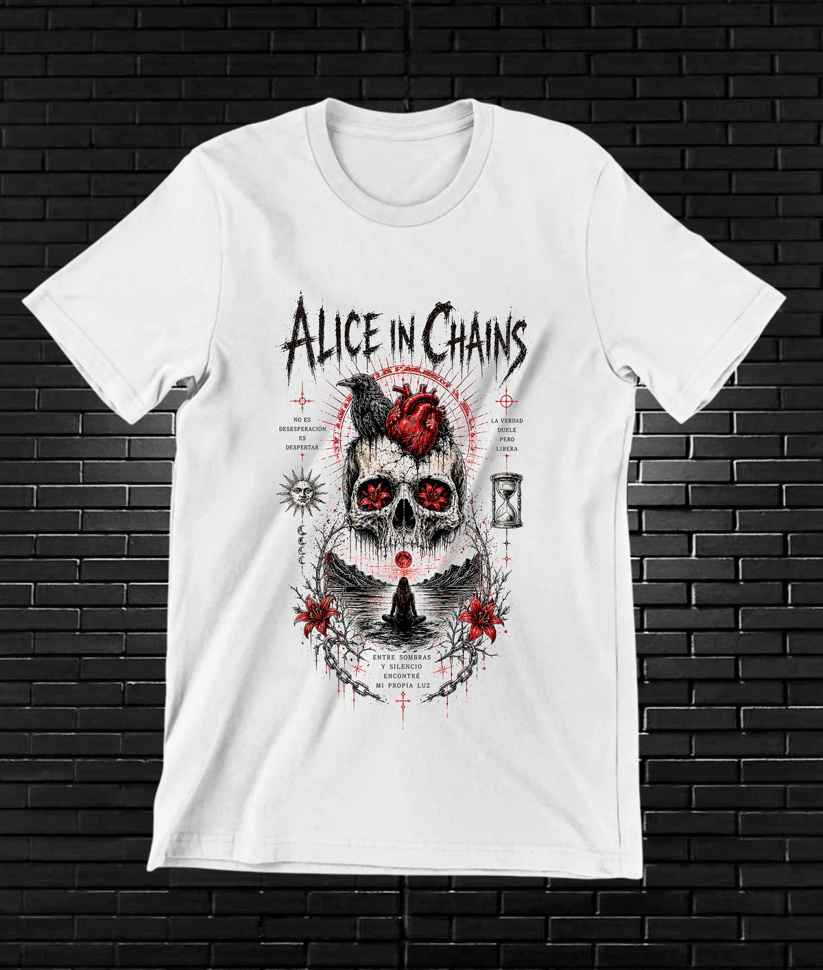 Camiseta Alice in Chains – Calavera con halo rojo · Blanca