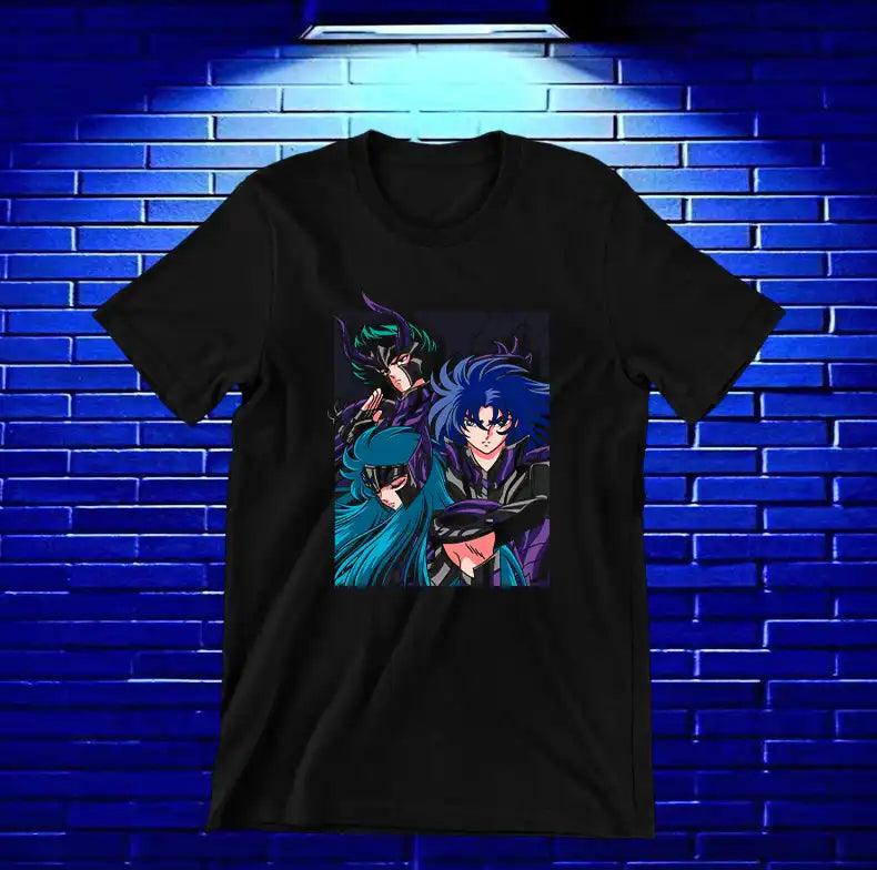 Camiseta Caballeros del Zodiaco – Dos caballeros en tonos azules · Negra