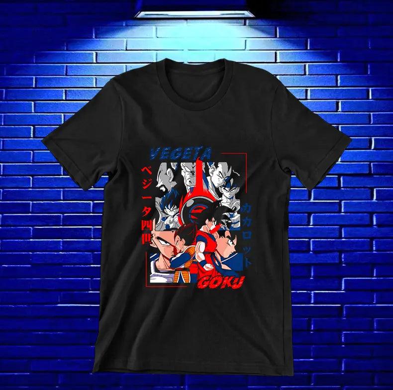 Camiseta Dragon Ball – Goku y Vegeta · viñetas rojas y azules · Negra
