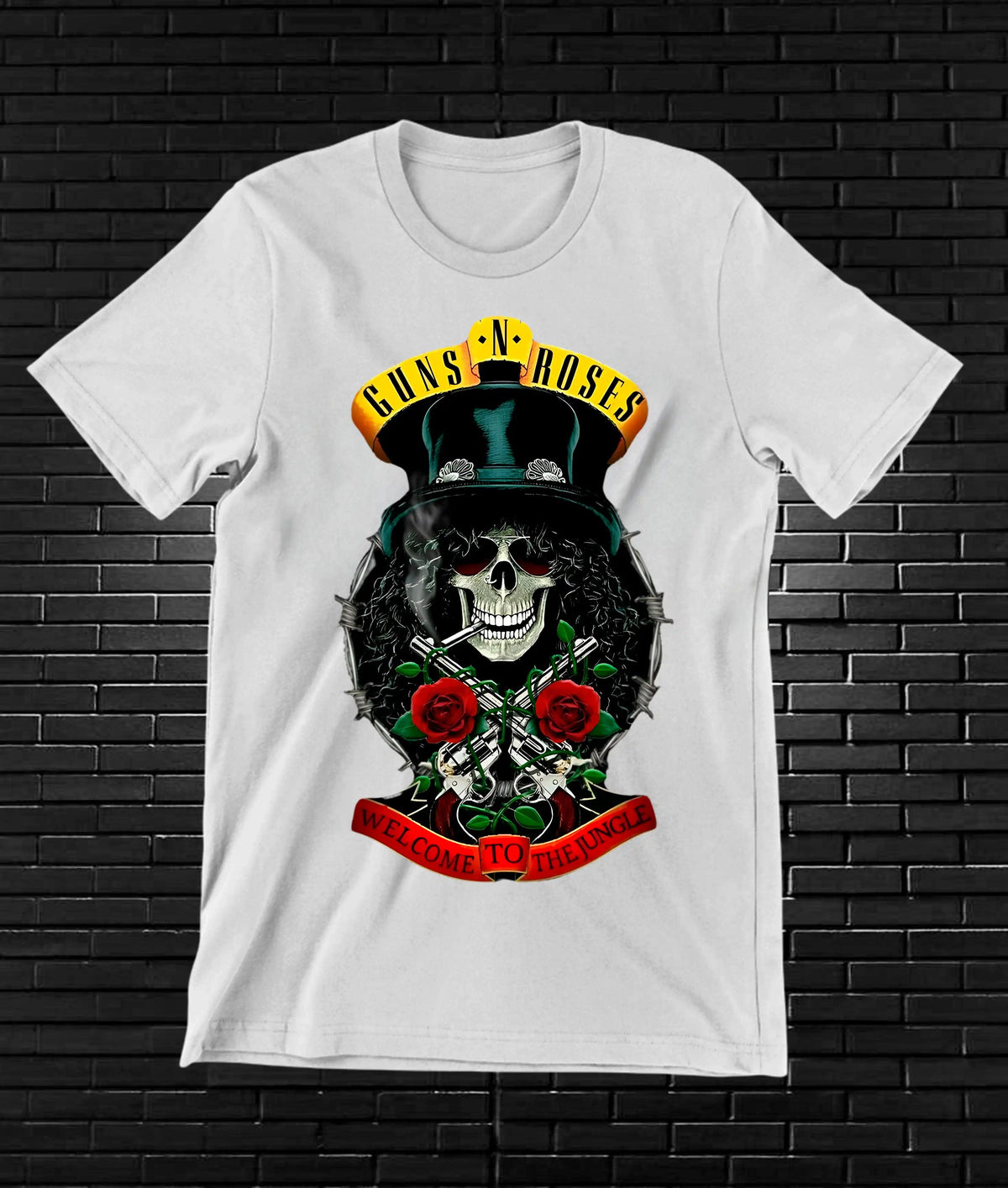 Camiseta Guns N' Roses – Calavera con sombrero y rosas · Blanca