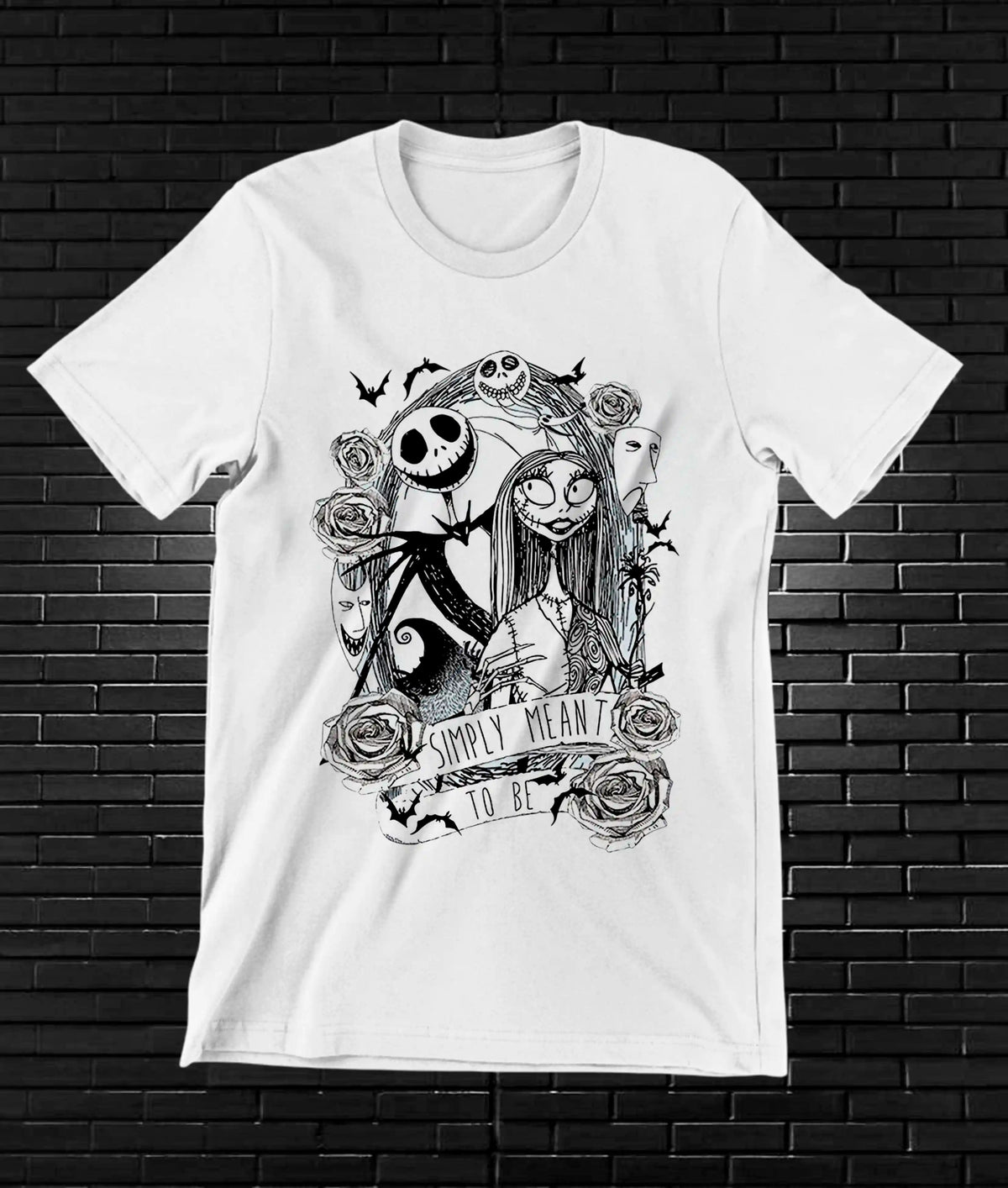 Camiseta El extraño mundo de Jack – Jack y Sally · ilustración monocroma · Blanca