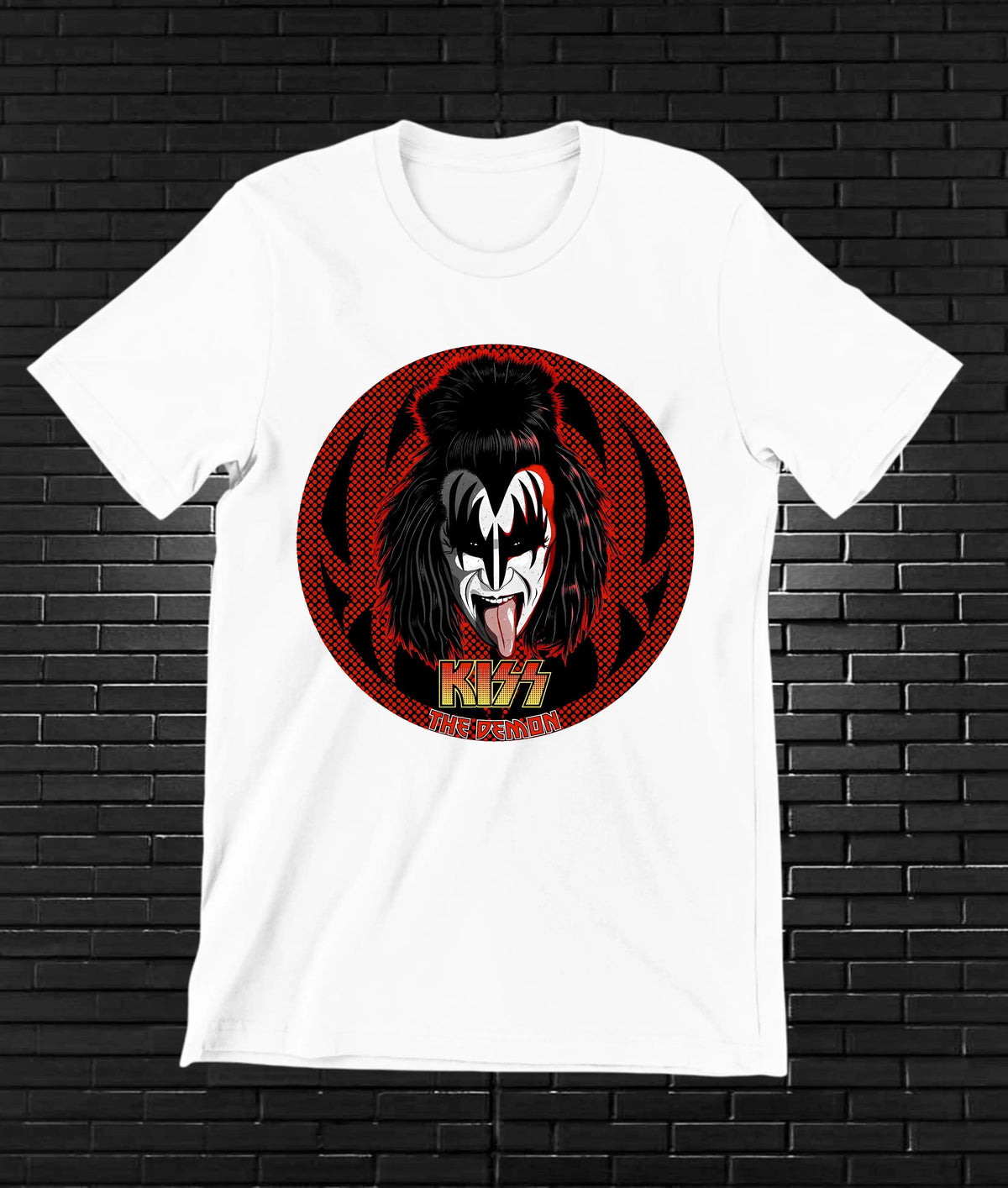 Camiseta KISS – Gene Simmons · círculo rojo · Blanca