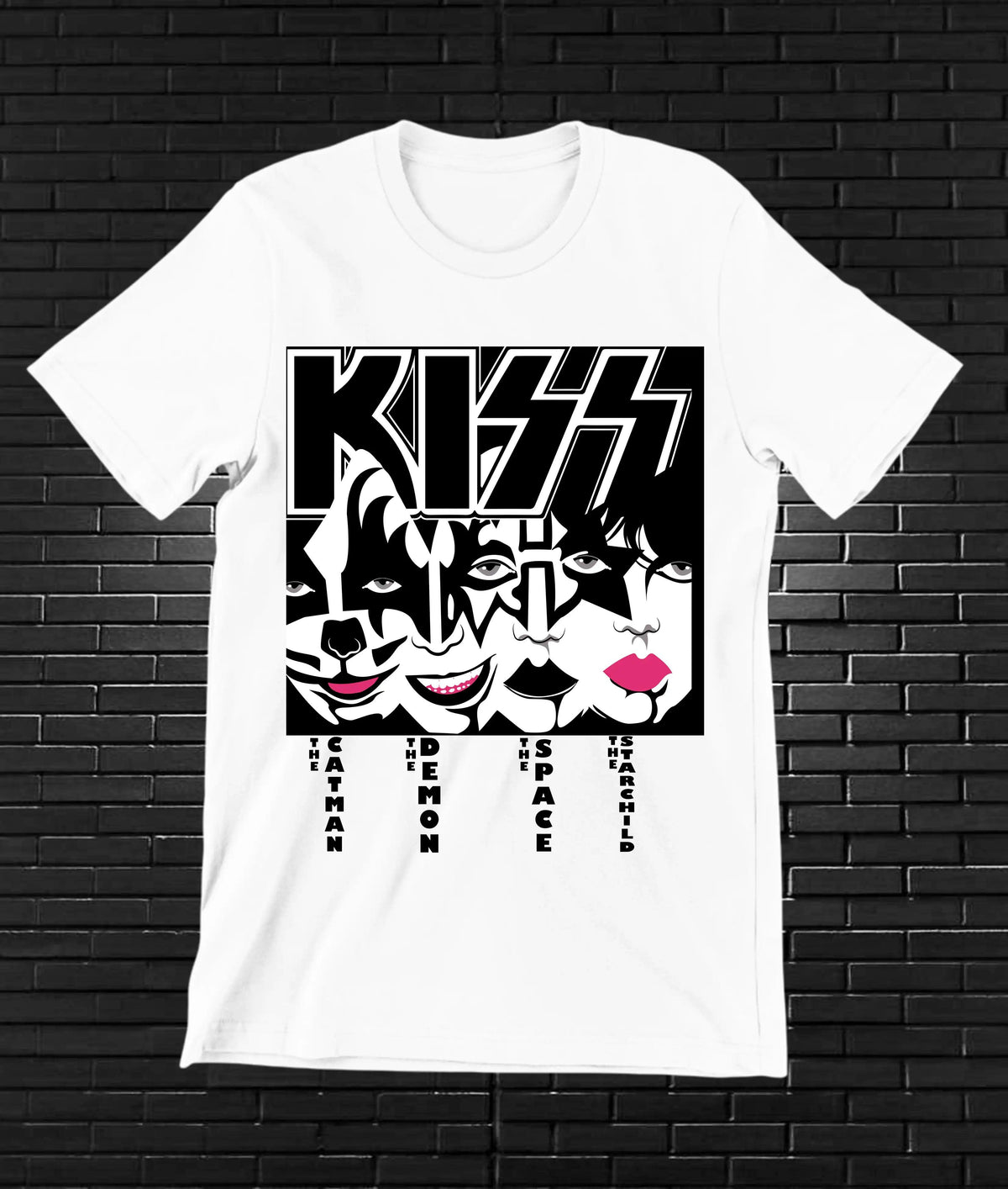 Camiseta KISS – Rostros y labios rojos · Blanca