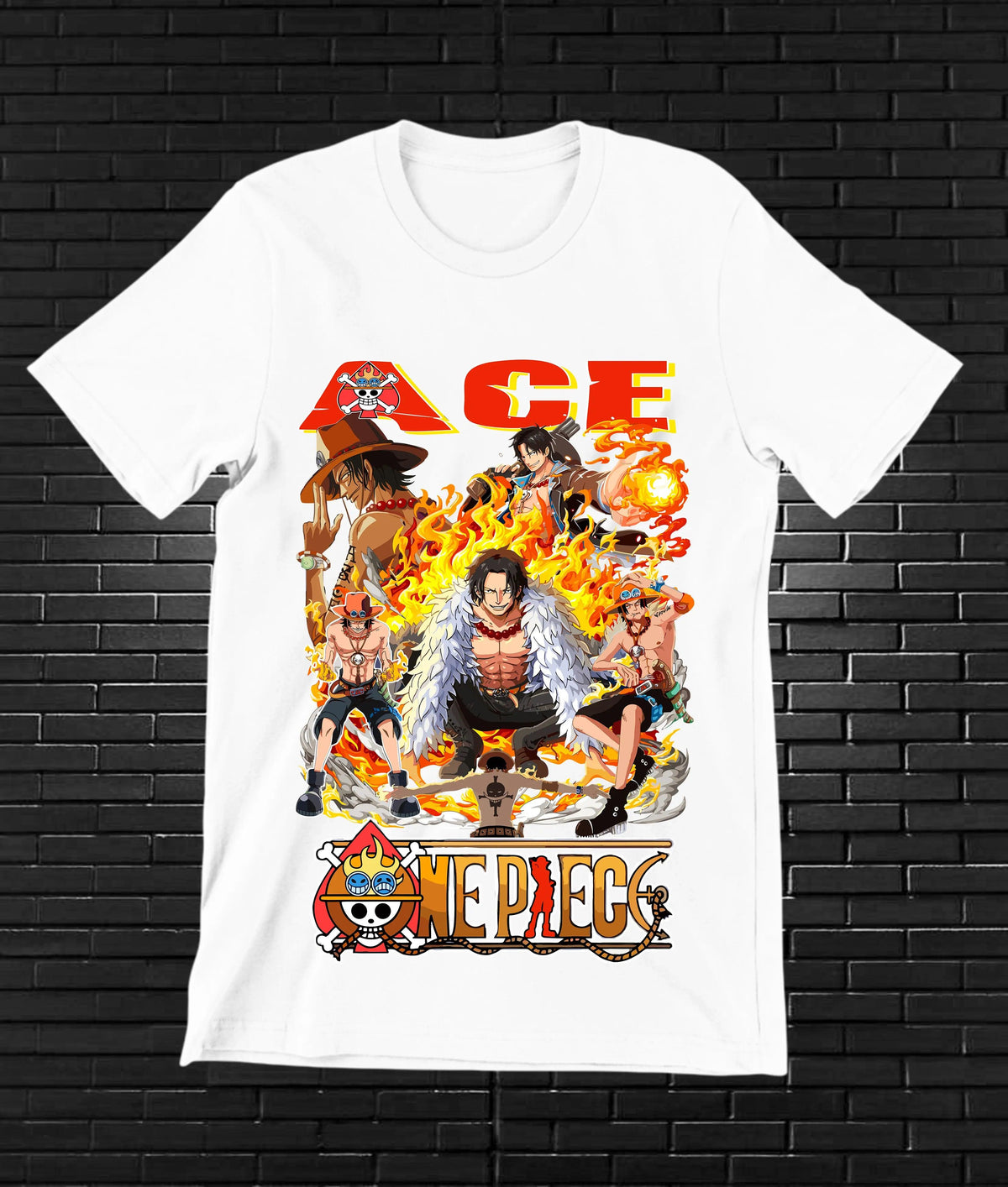 Camiseta One Piece – Portgas D. Ace entre llamas · Blanca