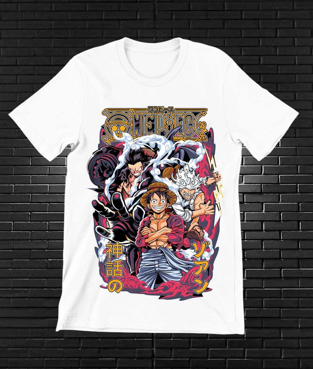 Camiseta One Piece – Luffy y tripulación · collage · Blanca