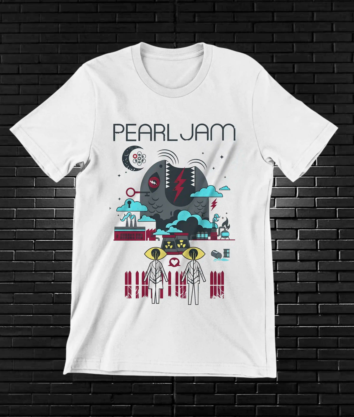 Camiseta Pearl Jam – Figura mecánica en collage · Blanca
