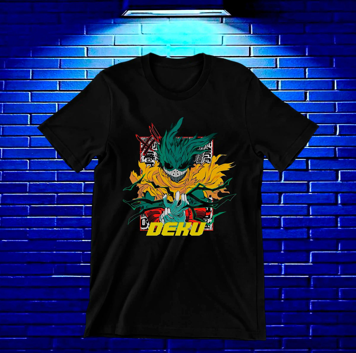 Camiseta My Hero Academia – Deku entre energía verde y amarilla · Negra
