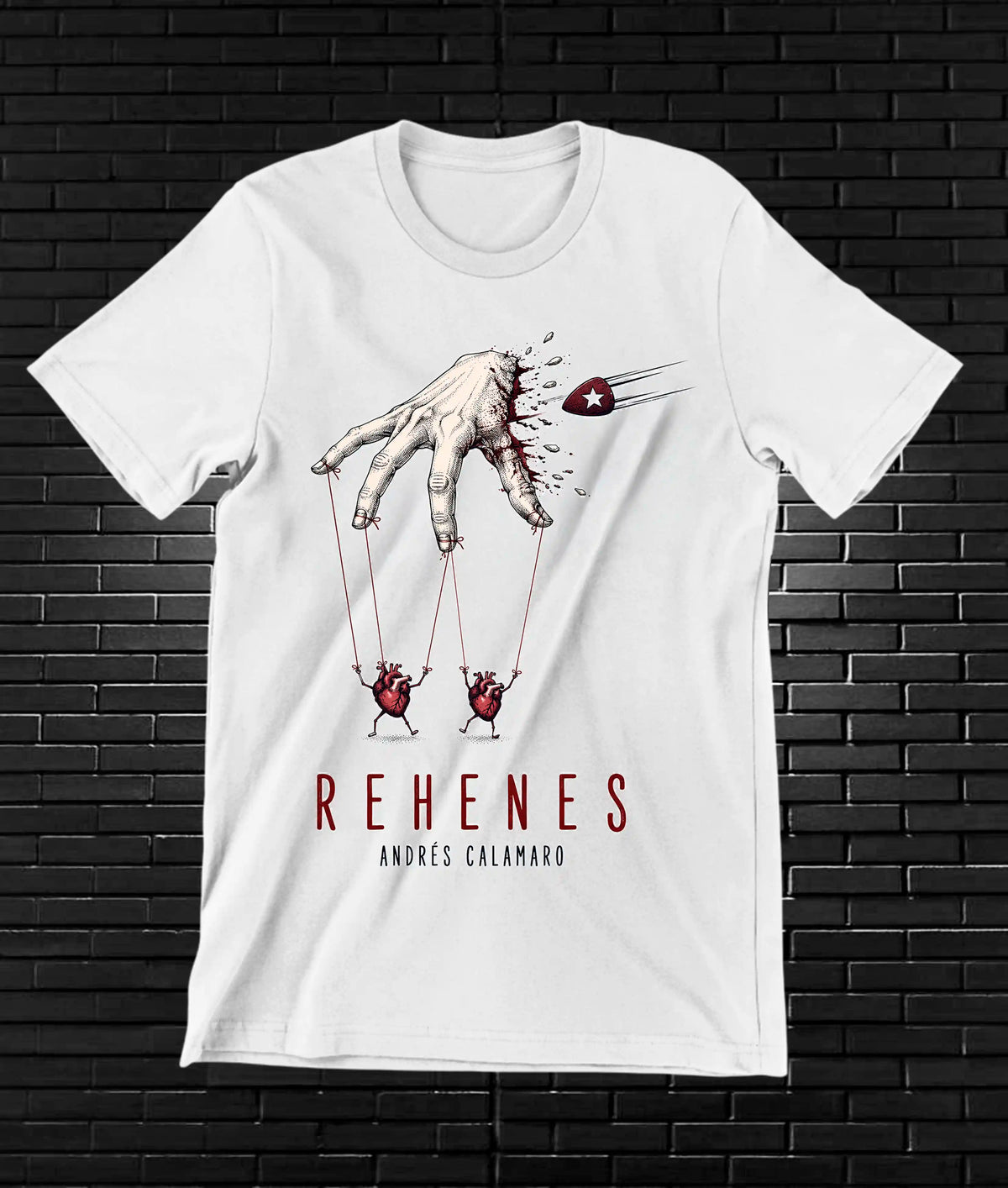 Camiseta Andrés Calamaro – Rehenes · Blanca