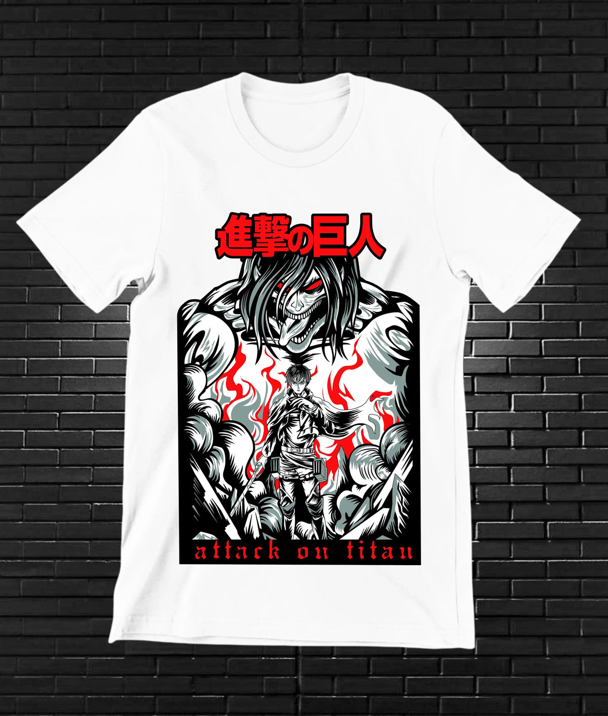Camiseta Attack on Titan – Collage de titanes en blanco, negro y rojo · Blanca