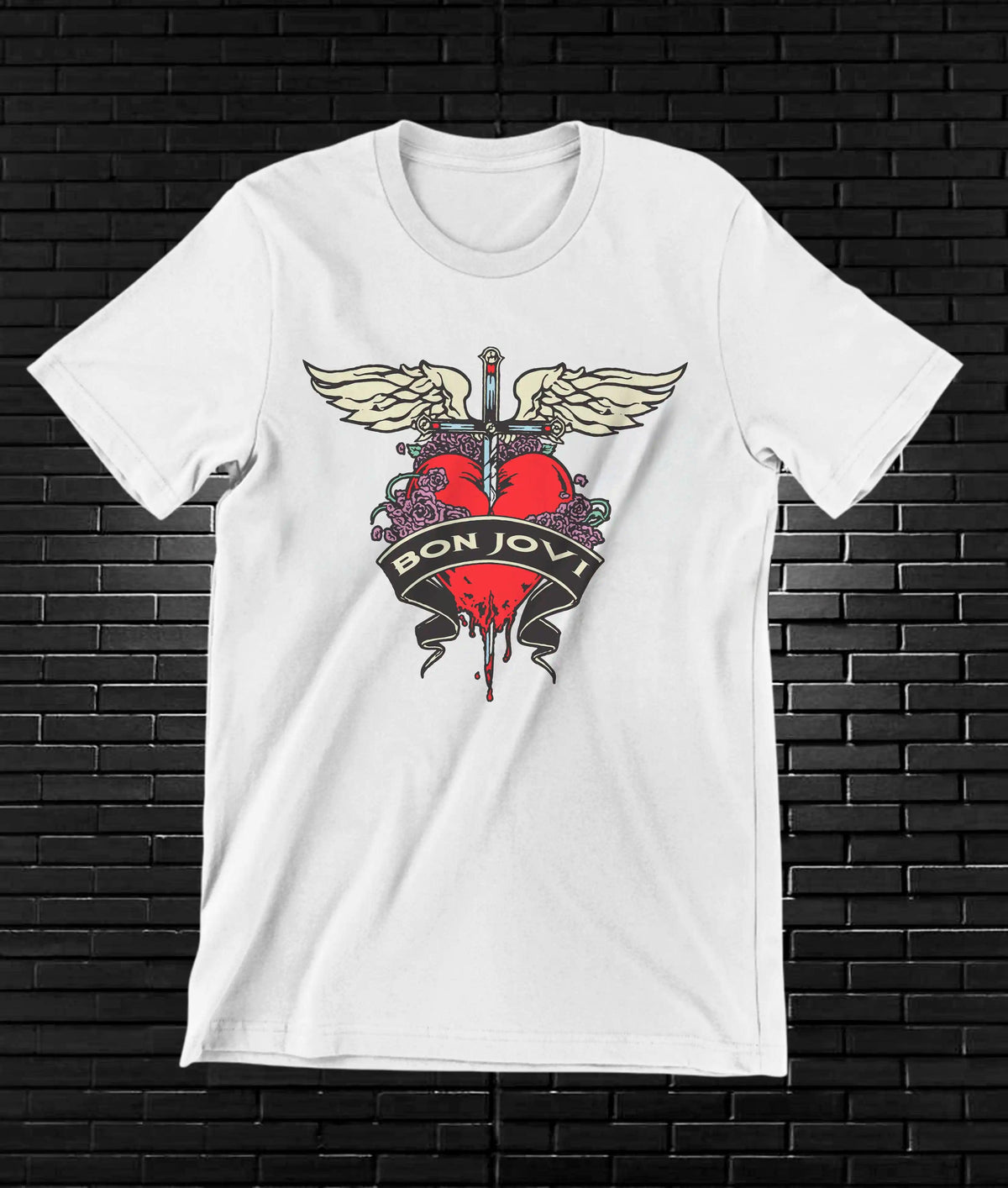 Camiseta Bon Jovi – Corazón alado rojo · Blanca