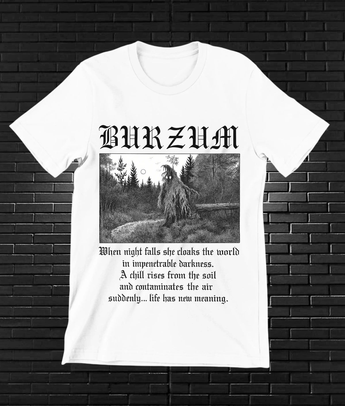 Camiseta Burzum – Paisaje de bosque y texto · Blanca