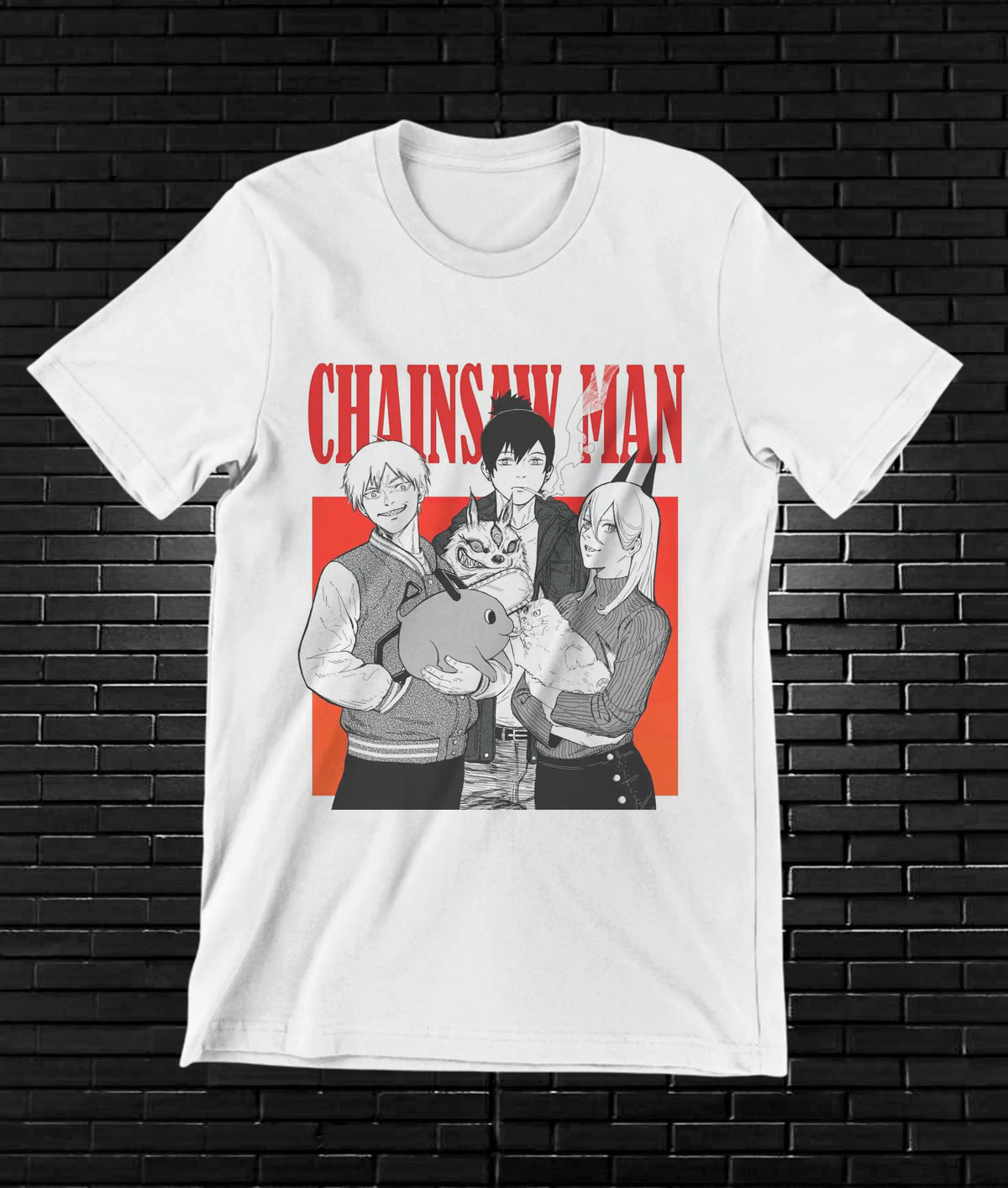 Camiseta Chainsaw Man – Personajes · viñeta roja · Blanca
