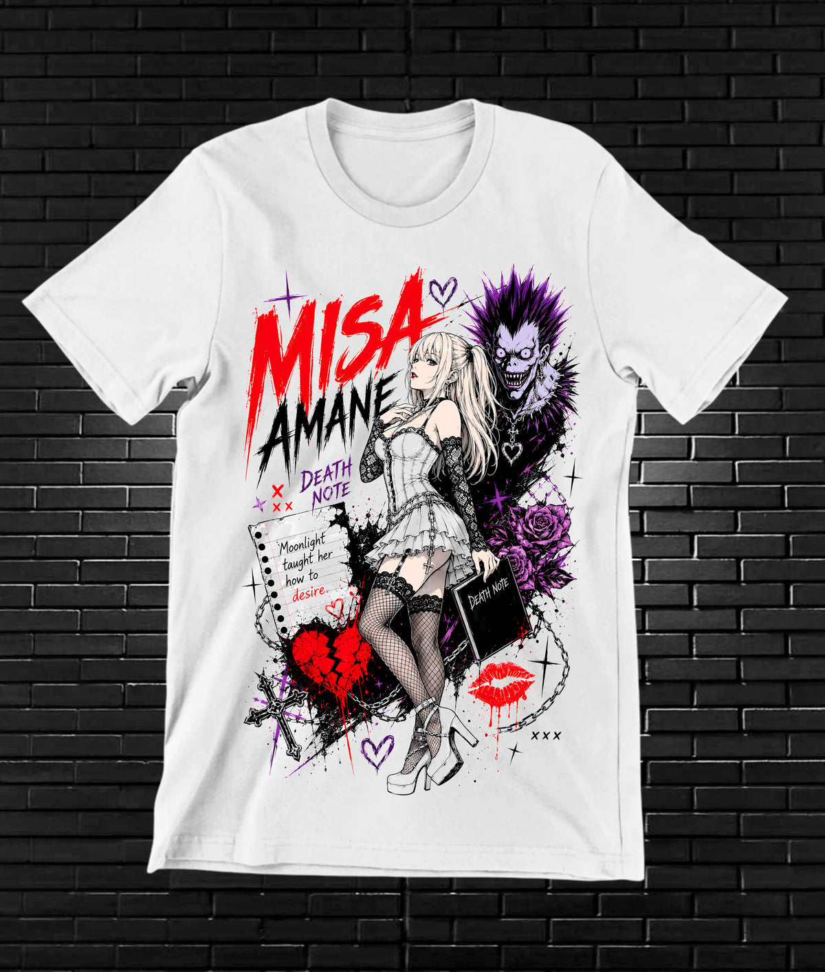 Camiseta Death Note – Misa Amane y shinigami en violeta · Blanca