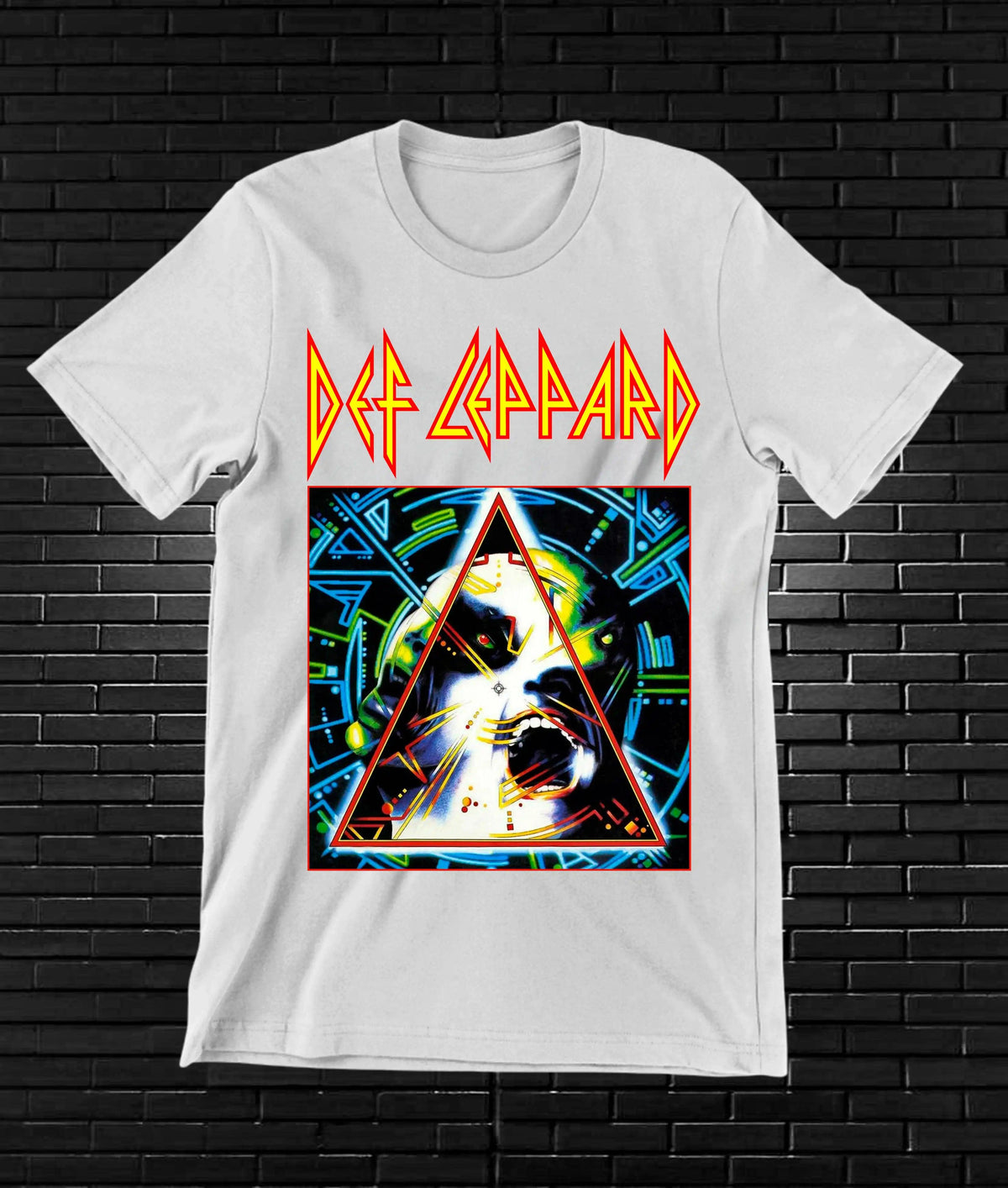 Camiseta Def Leppard – Hysteria · ojos en triángulo · Blanca