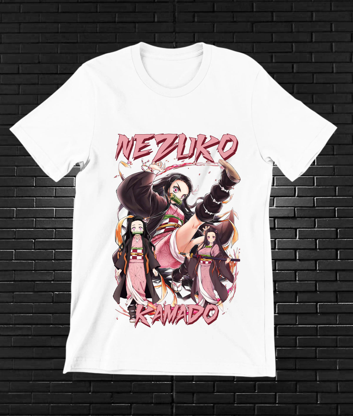Camiseta Demon Slayer – Nezuko Kamado · retrato rosa · Blanca