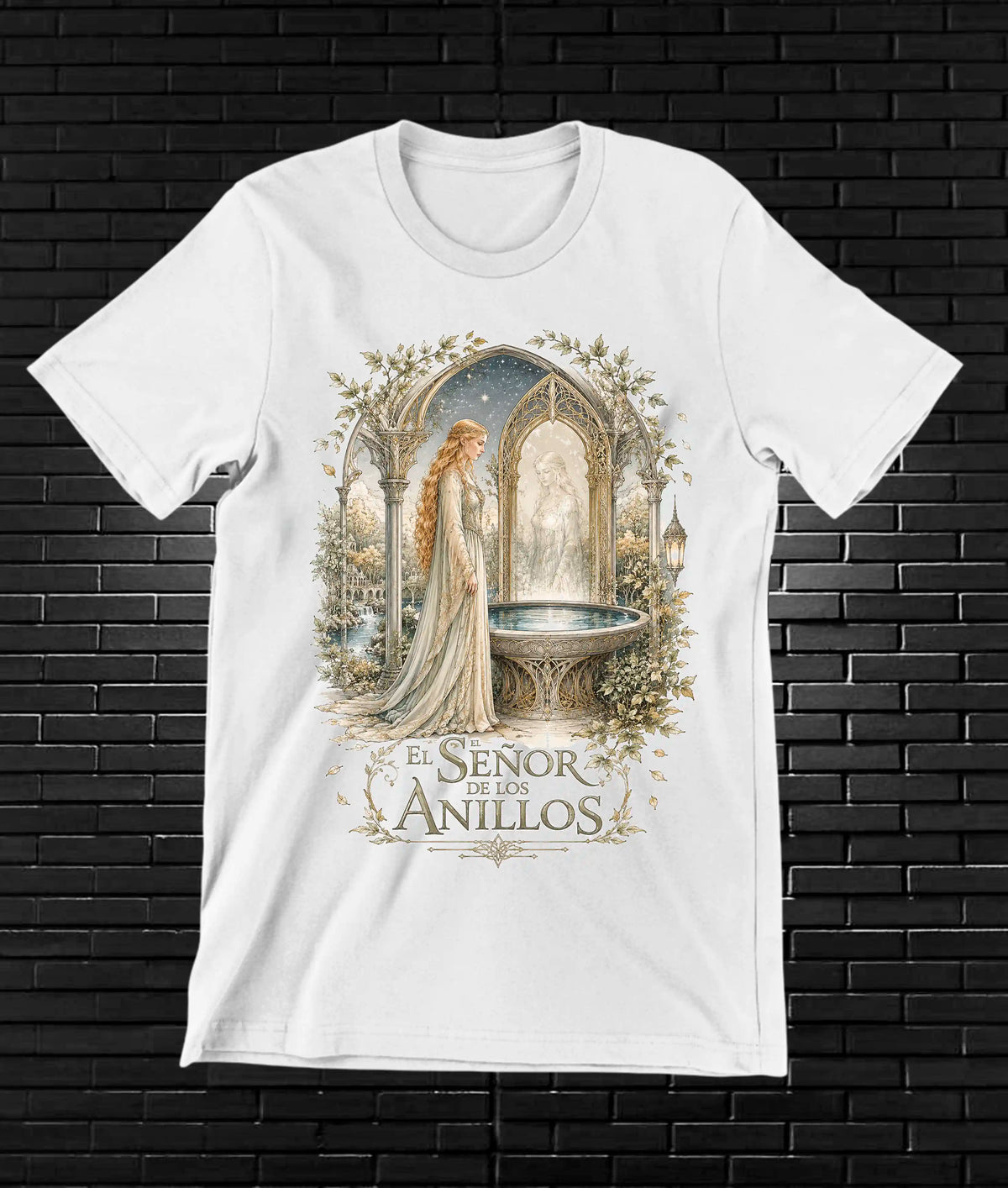 Camiseta El Señor de los Anillos – Fuente y arquitectura dorada · Blanca