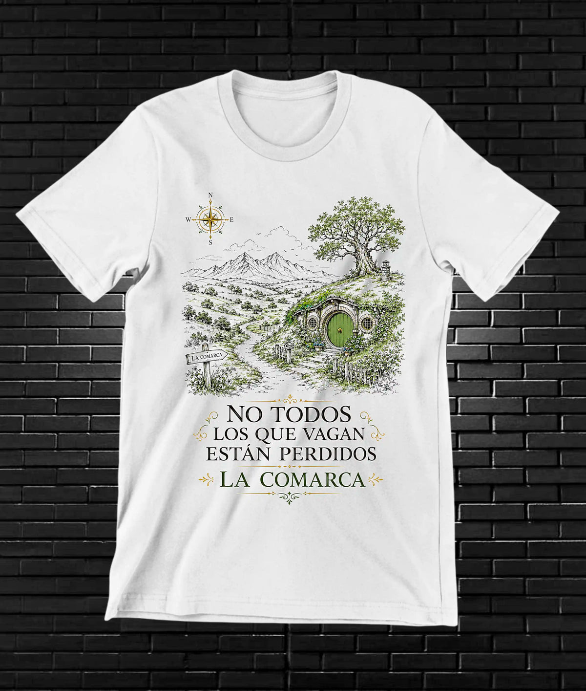 Camiseta El Señor de los Anillos – No todos los que andan están perdidos · Comarca · Blanca