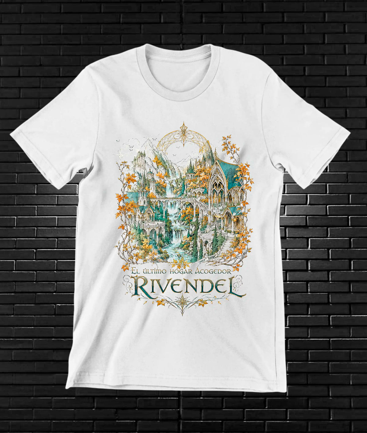 Camiseta El Señor de los Anillos – Rivendel · ilustración dorada · Blanca