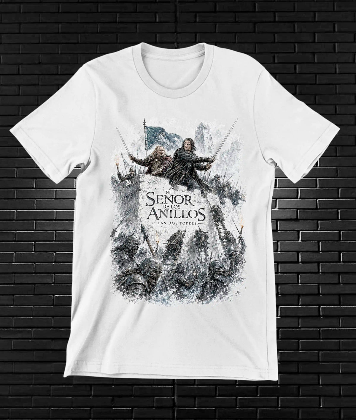Camiseta El Señor de los Anillos – Collage monocromo de aventura · Blanca