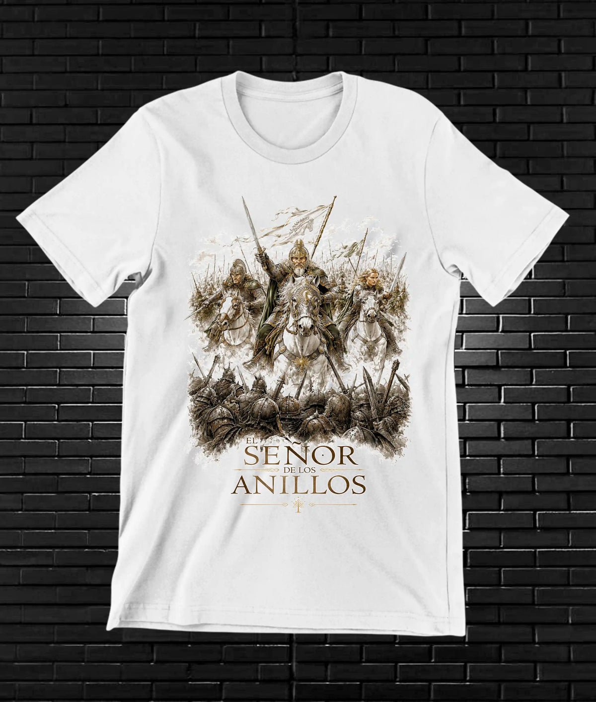 Camiseta El Señor de los Anillos – Jinetes en tonos dorados · Blanca