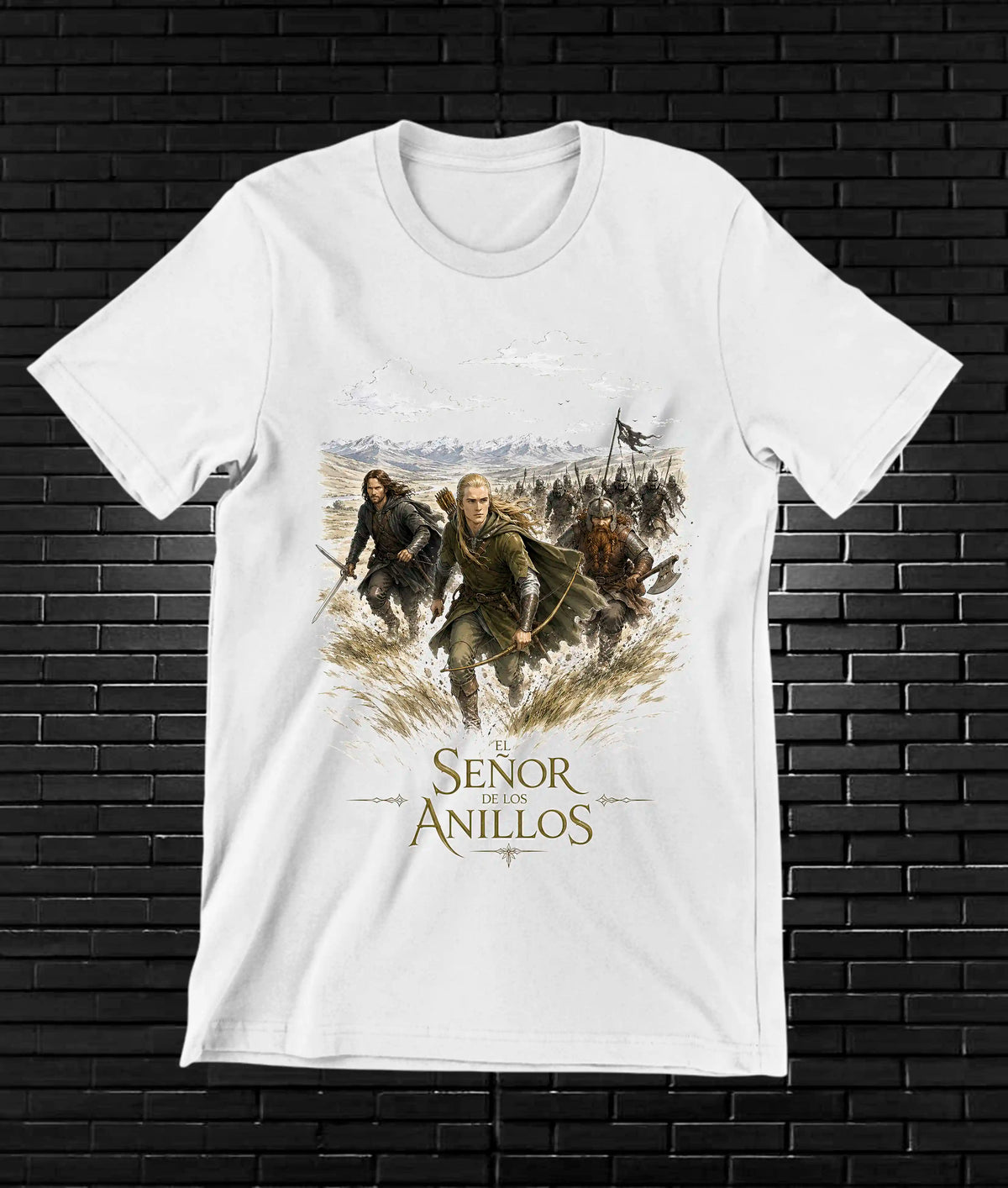 Camiseta El Señor de los Anillos – Jinetes entre montañas · Blanca