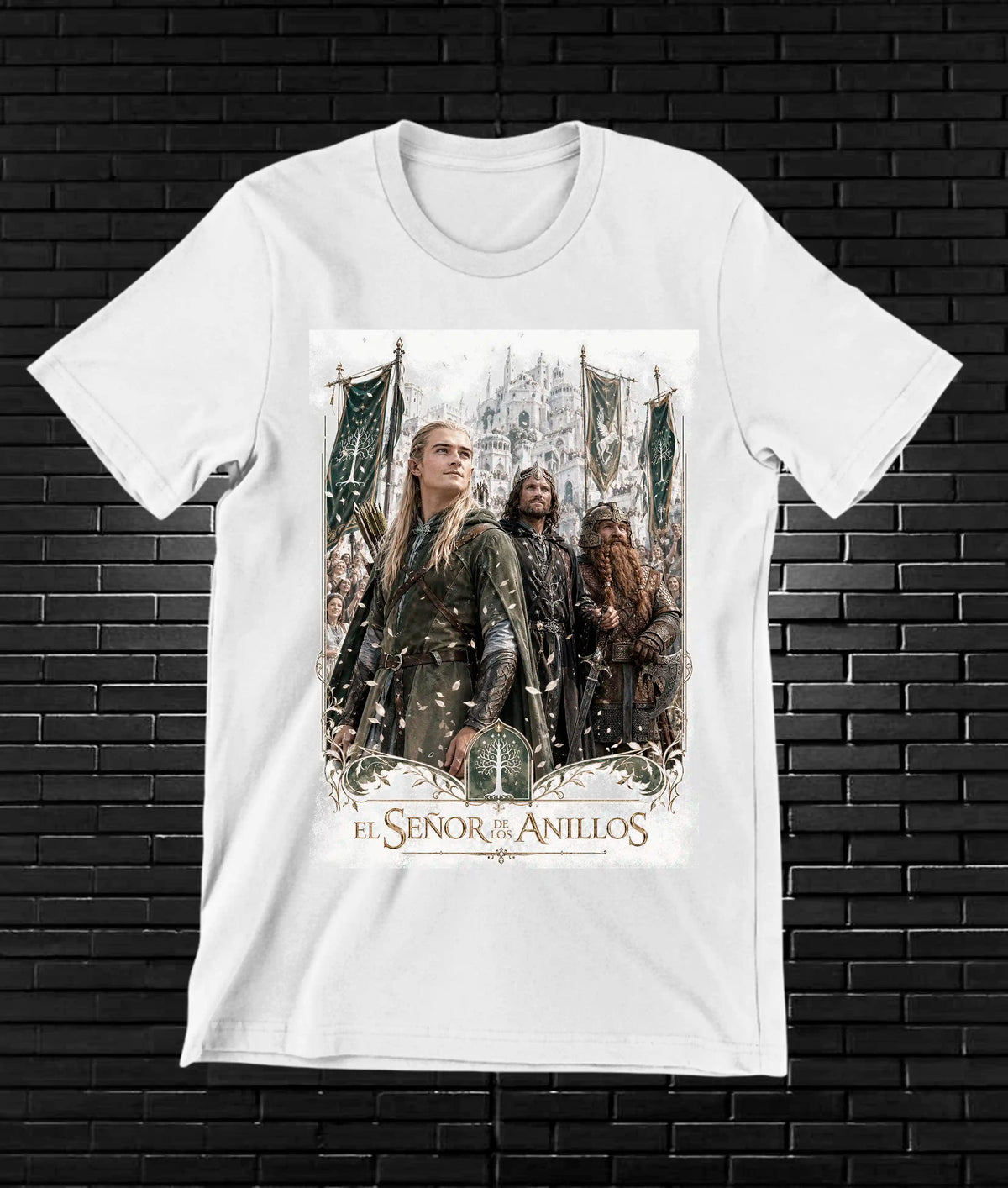 Camiseta El Señor de los Anillos – Personajes en el bosque · Blanca
