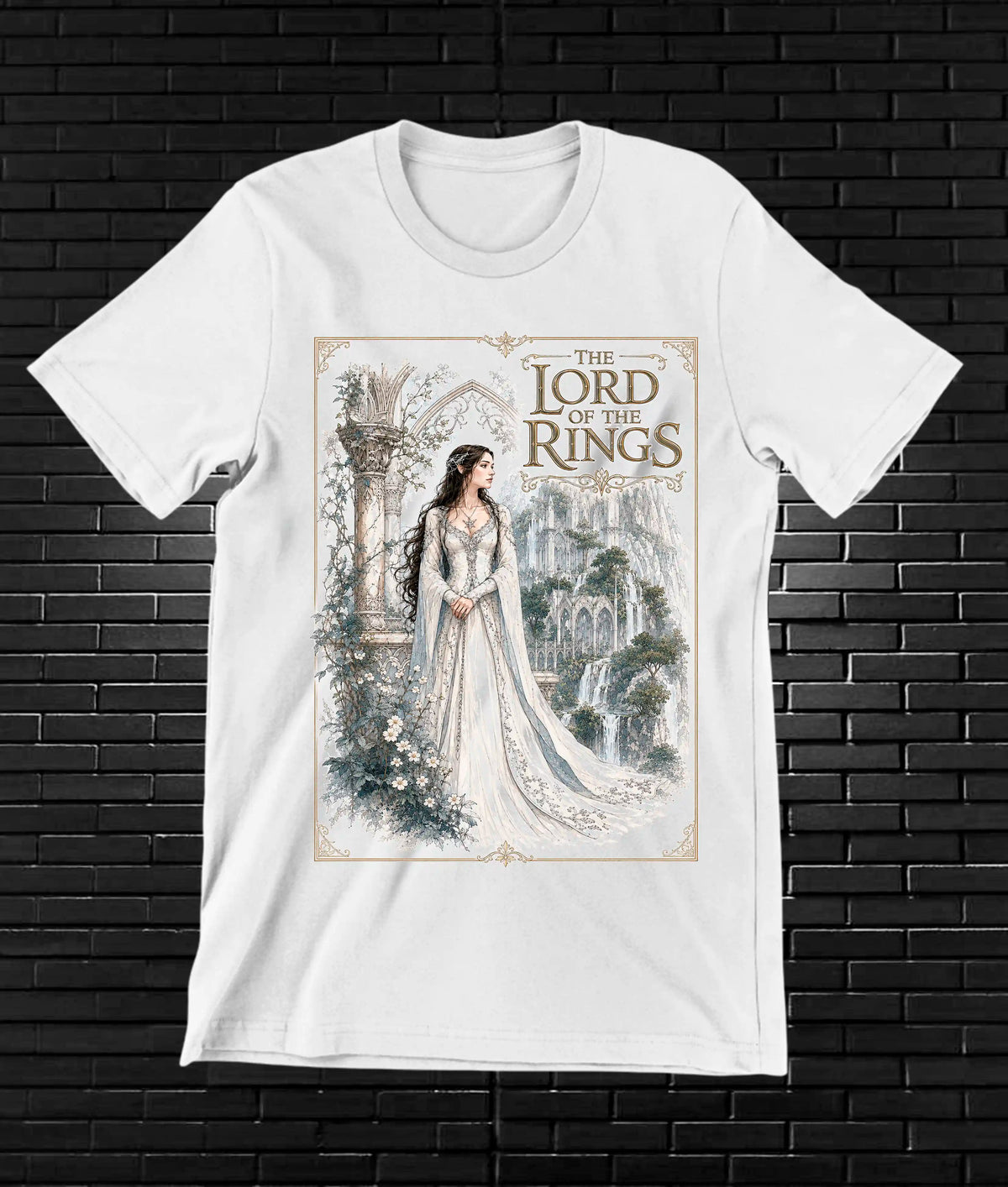 Camiseta El Señor de los Anillos – Figura en marco ilustrado · Blanca