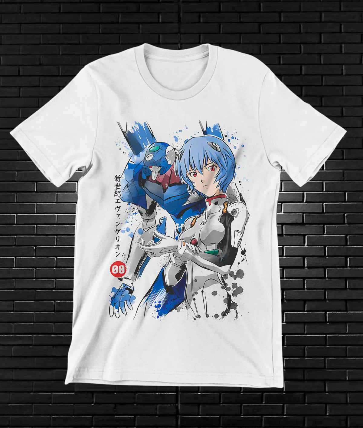 Camiseta Evangelion – Rei Ayanami · retrato azul · Blanca