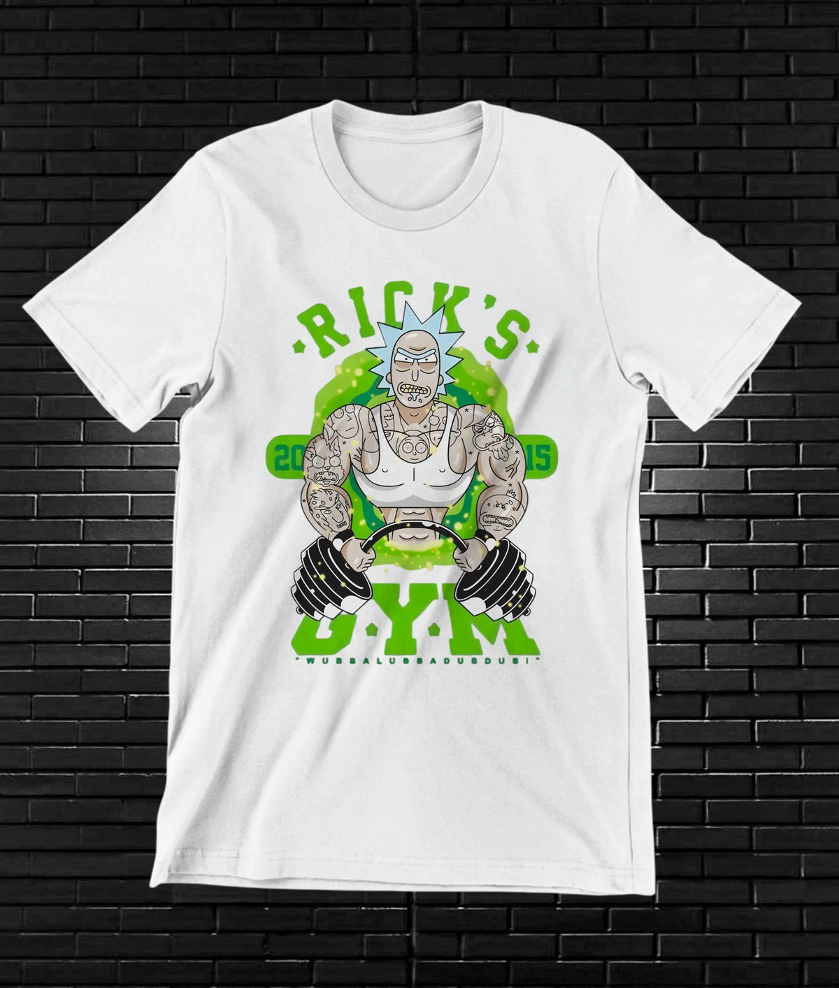 Camiseta Gym Fitness – RIP's Gym · personaje musculoso · Blanca
