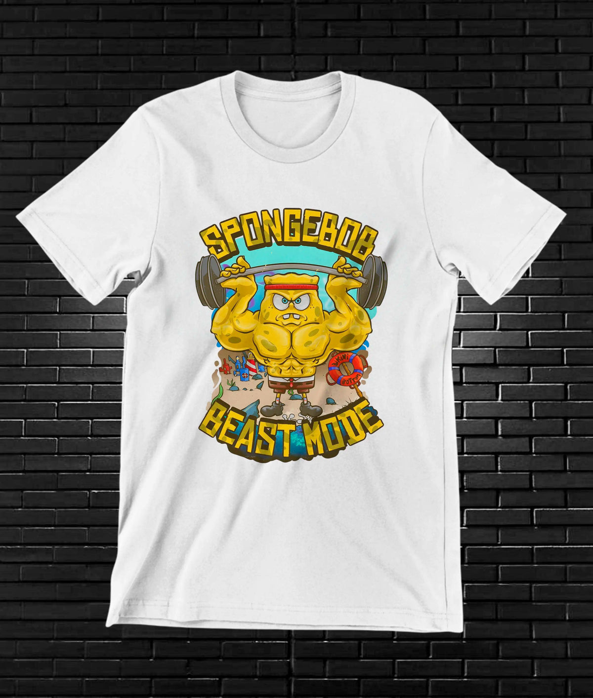 Camiseta Gym Fitness – Bob Esponja · Beast Mode · Blanca