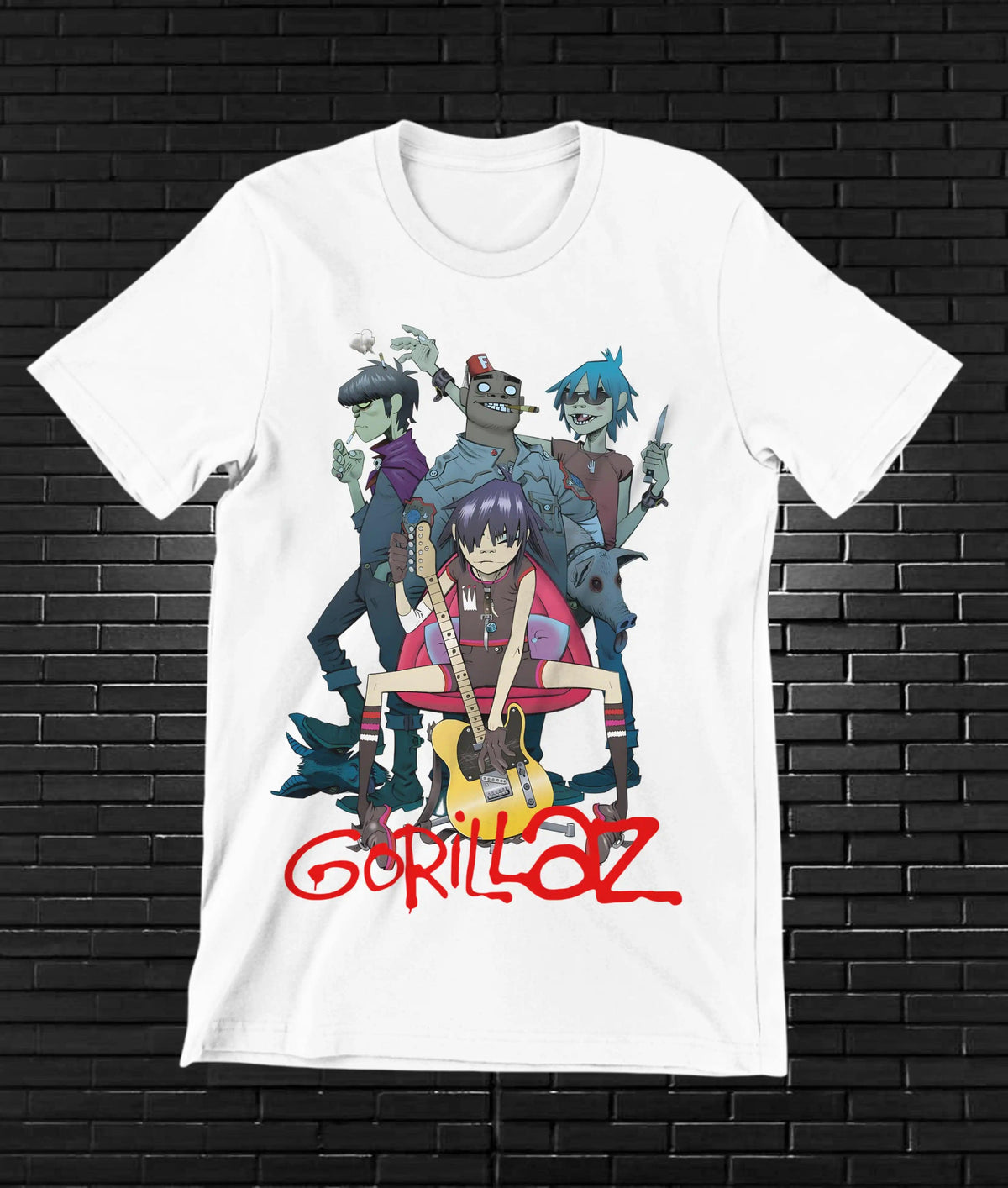 Camiseta Gorillaz – Personajes de la banda a color · Blanca