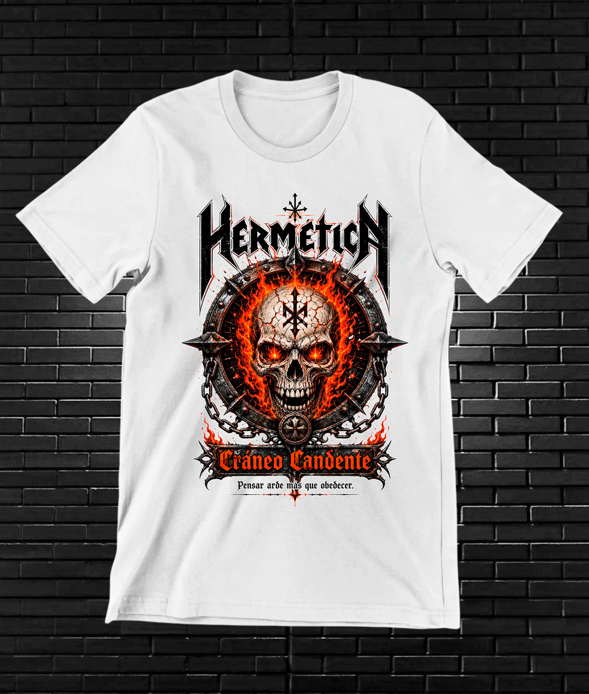 Camiseta Hermética – Calavera roja · Blanca