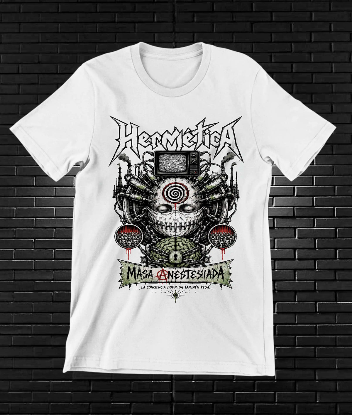 Camiseta Hermética – Más pesada · calavera mecánica · Blanca