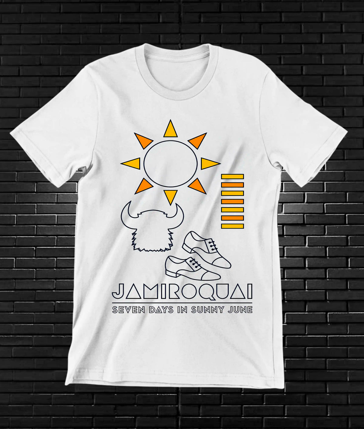 Camiseta Jamiroquai – Sol y silueta · Blanca