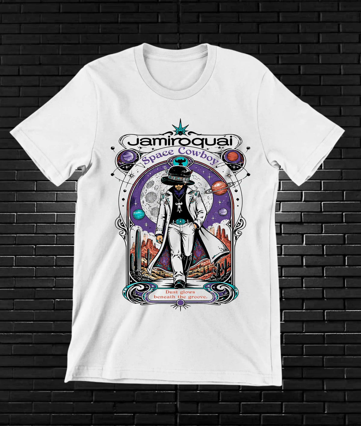 Camiseta Jamiroquai – Collage de planetas · Blanca