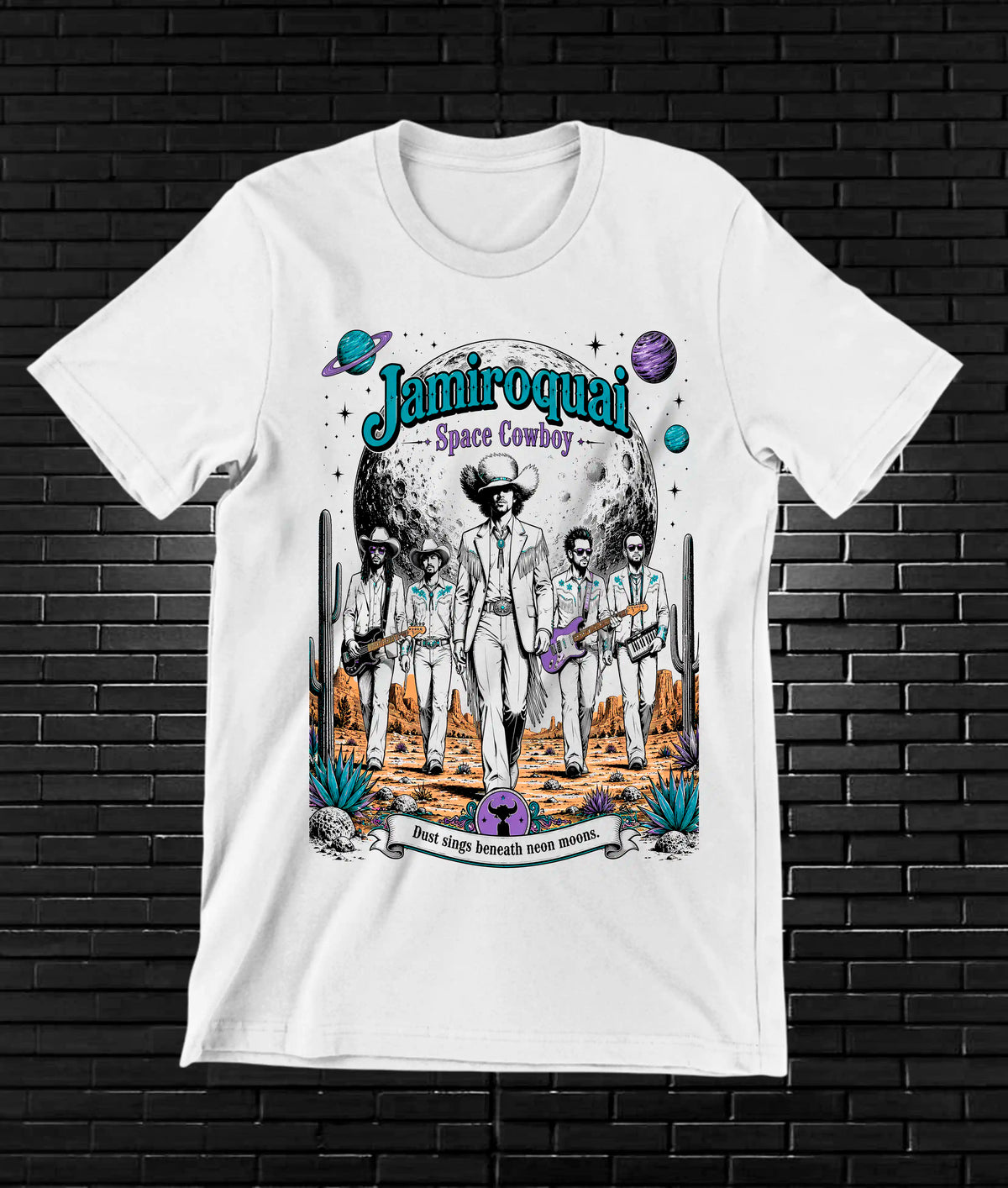 Camiseta Jamiroquai – Composición espacial multicolor · Blanca