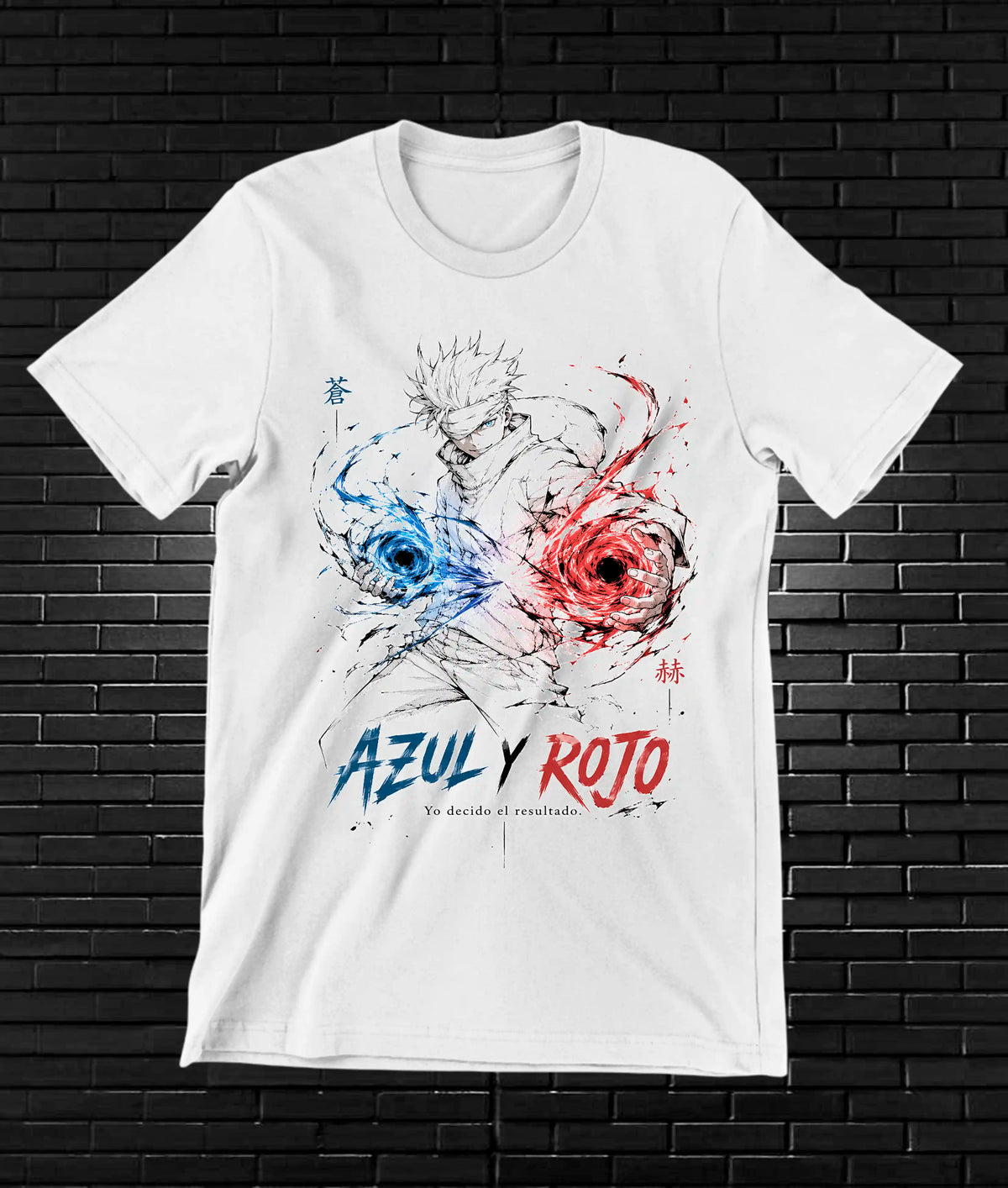 Camiseta Jujutsu Kaisen – Gojo · Azul y Rojo circular · Blanca