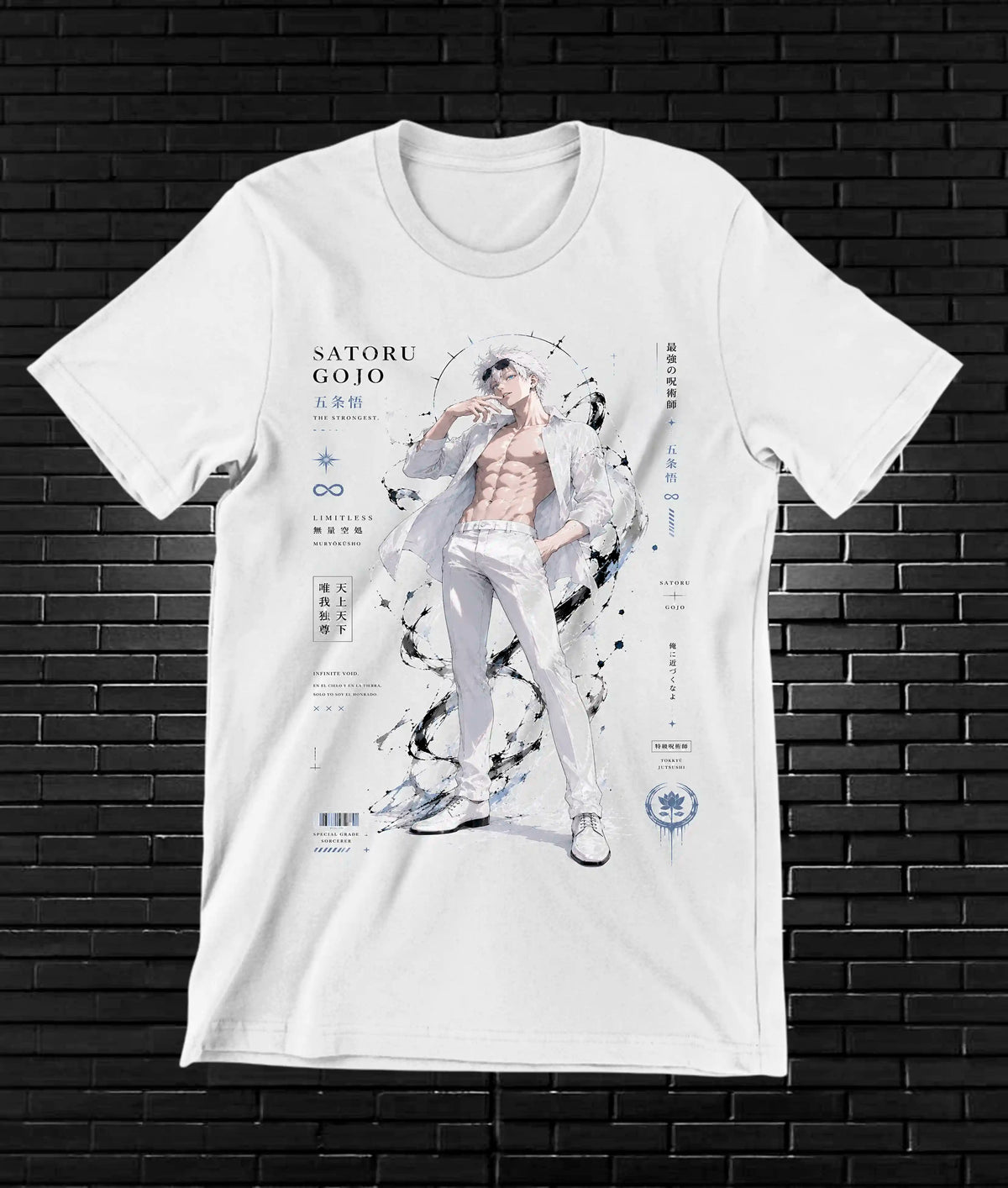 Camiseta Jujutsu Kaisen – Gojo · composición geométrica · Blanca