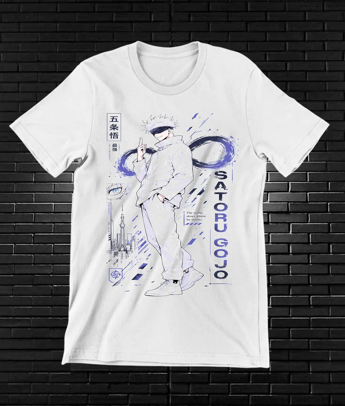 Camiseta Jujutsu Kaisen – Satoru Gojo · figura de pie · Blanca