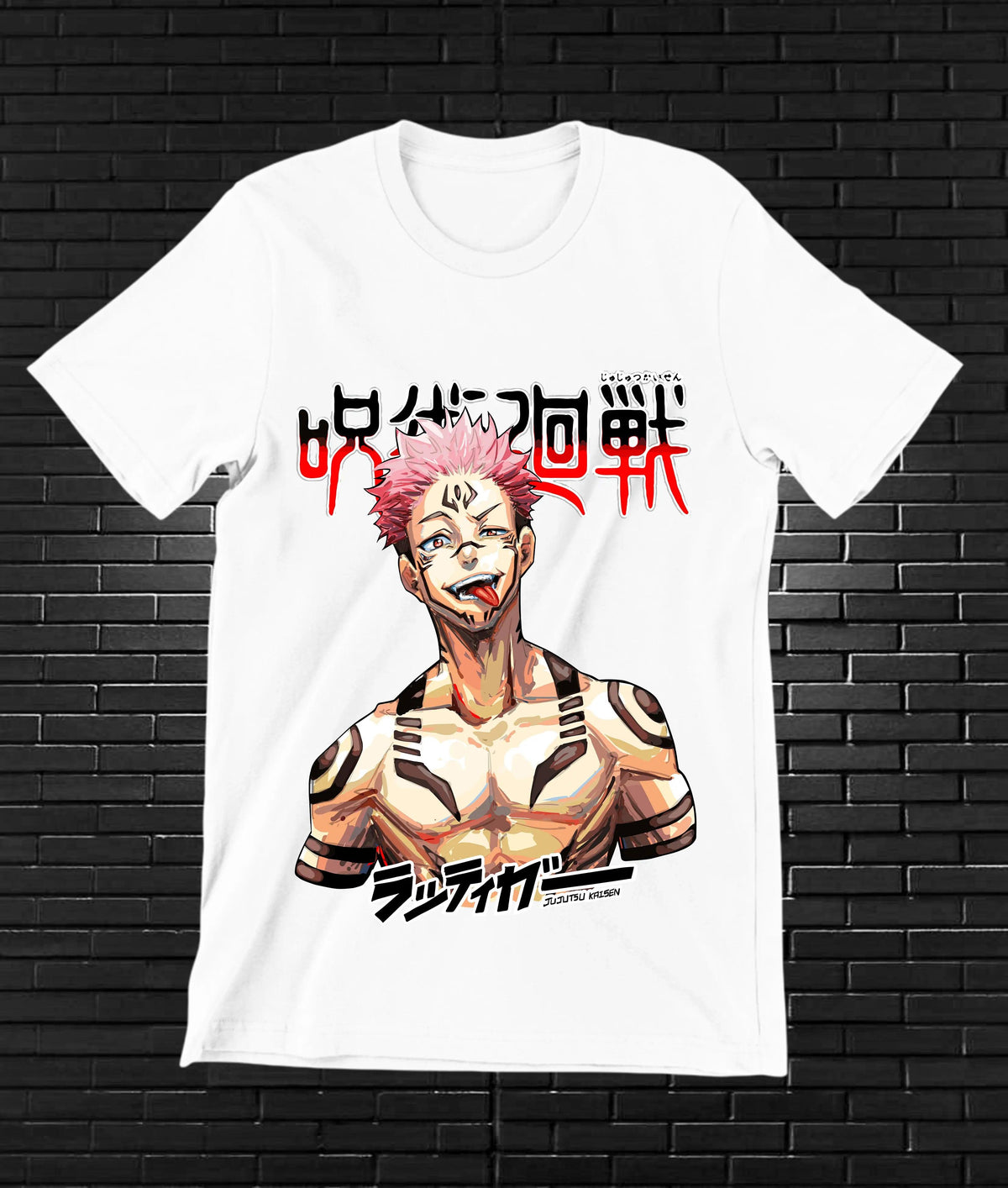 Camiseta Jujutsu Kaisen – Sukuna · retrato con tatuajes · Blanca