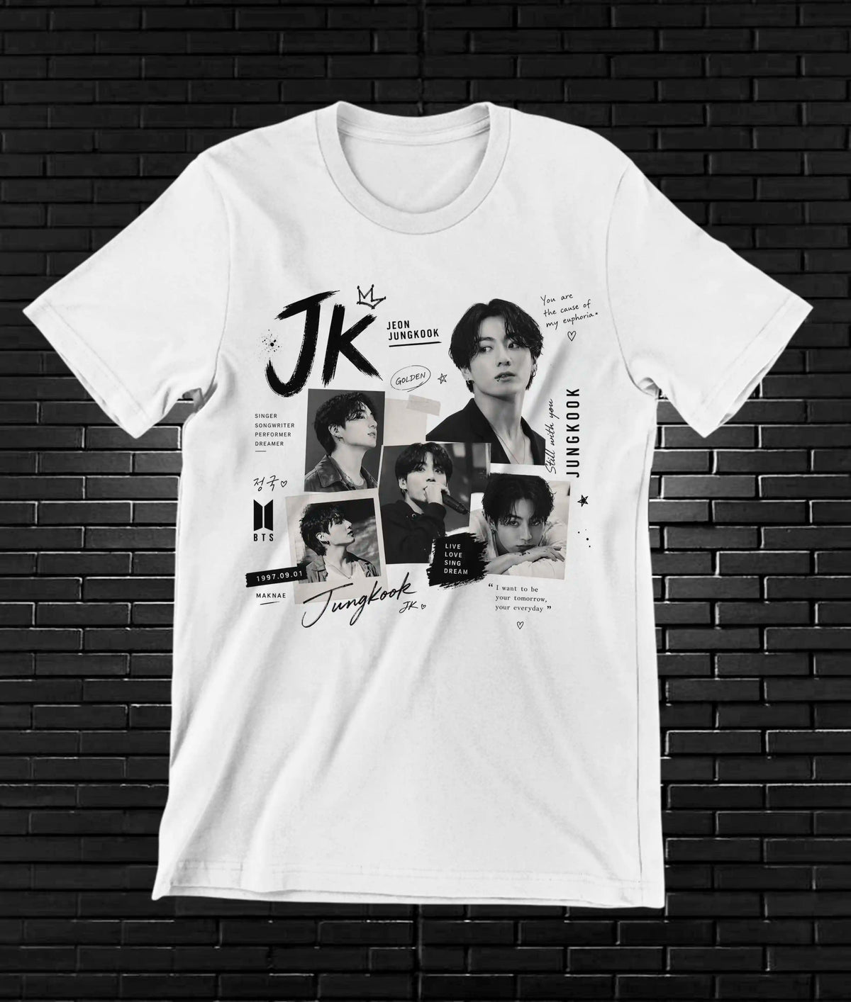 Camiseta BTS – Jungkook · viñetas JK · Blanca