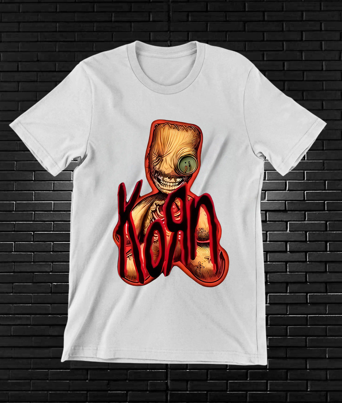 Camiseta Korn – Rostro con logotipo rojo · Blanca