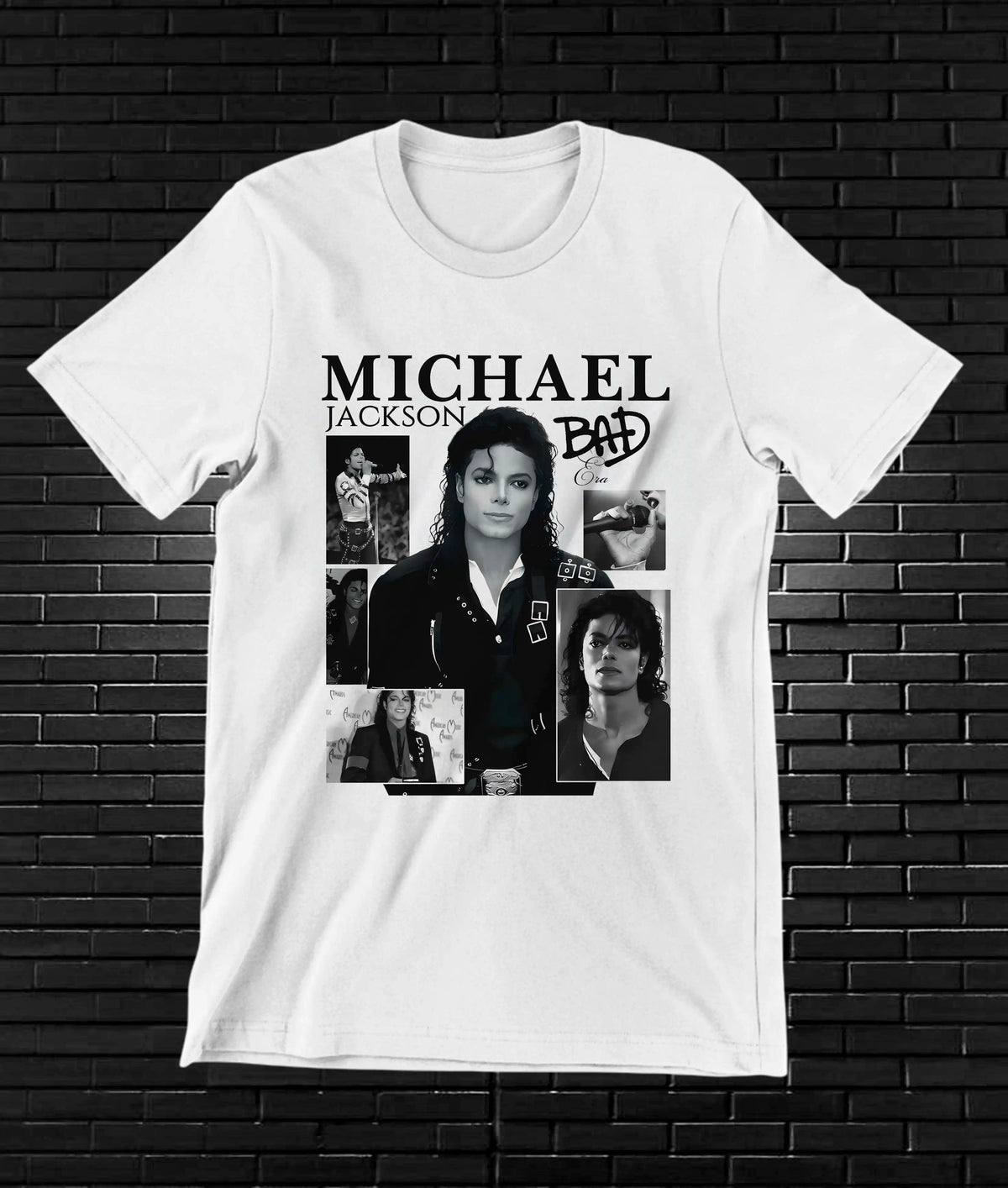 Camiseta Michael Jackson – Bad · retratos en blanco y negro · Blanca