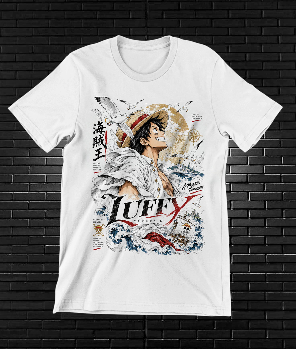 Camiseta One Piece Luffy – BAMOR – Diseño BANIX – Blanco