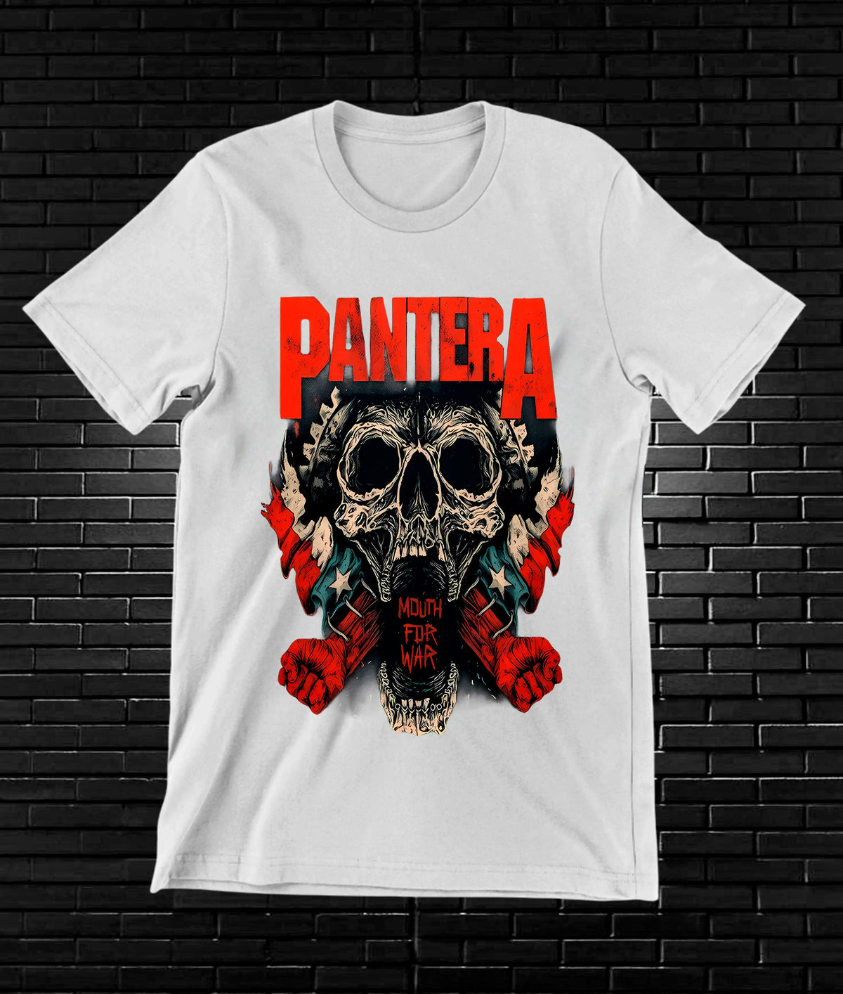 Camiseta Pantera – Calavera entre llamas · Blanca