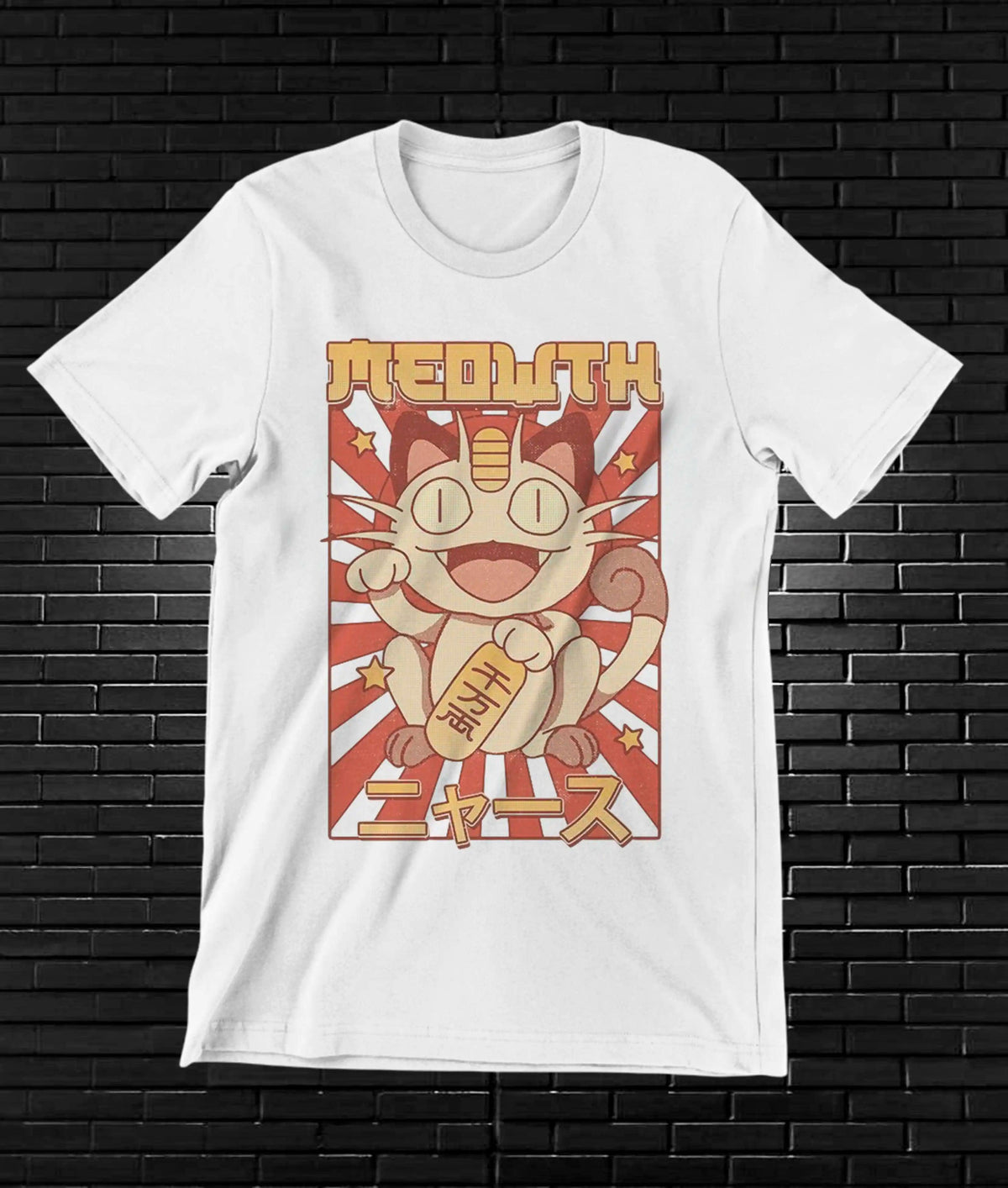 Camiseta Pokémon – Meowth · cartel retro · Blanca