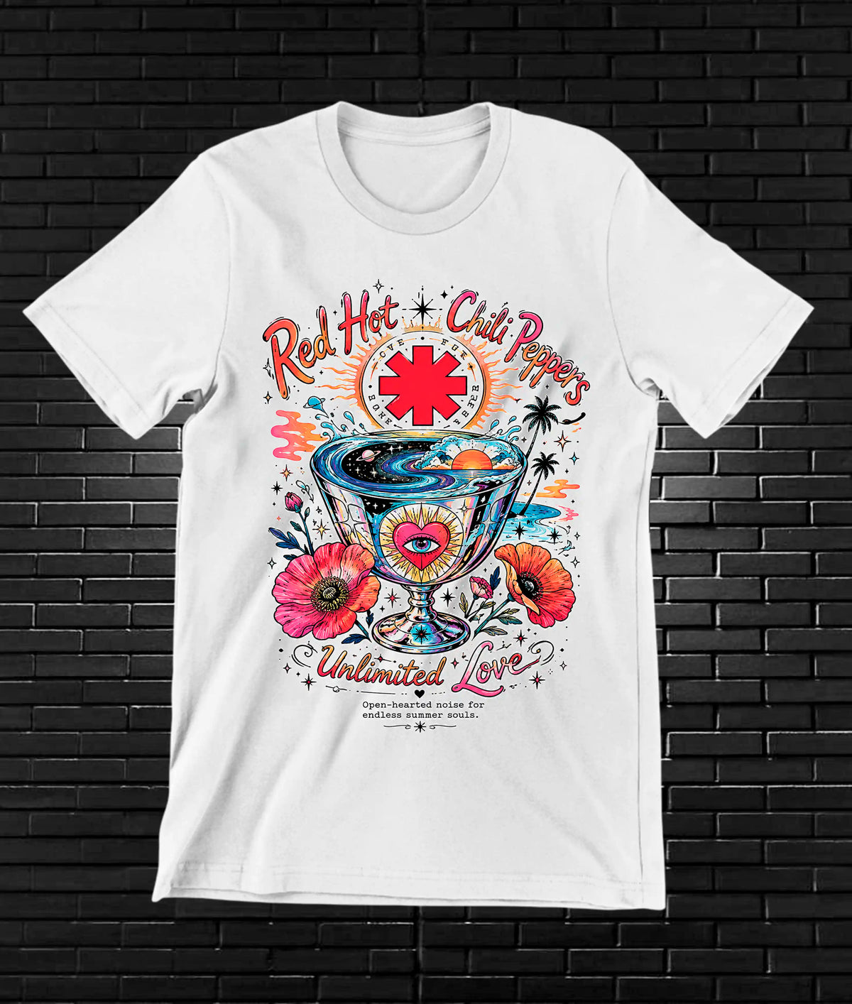 Camiseta Red Hot Chili Peppers – Taza y flores · Blanca