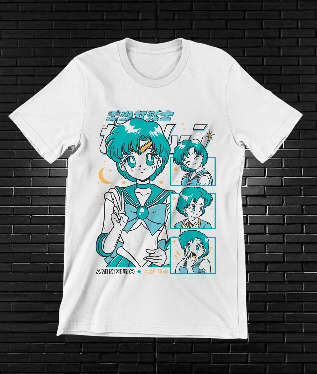 Camiseta Sailor Moon – Sailor Neptune · retratos turquesa · Blanca