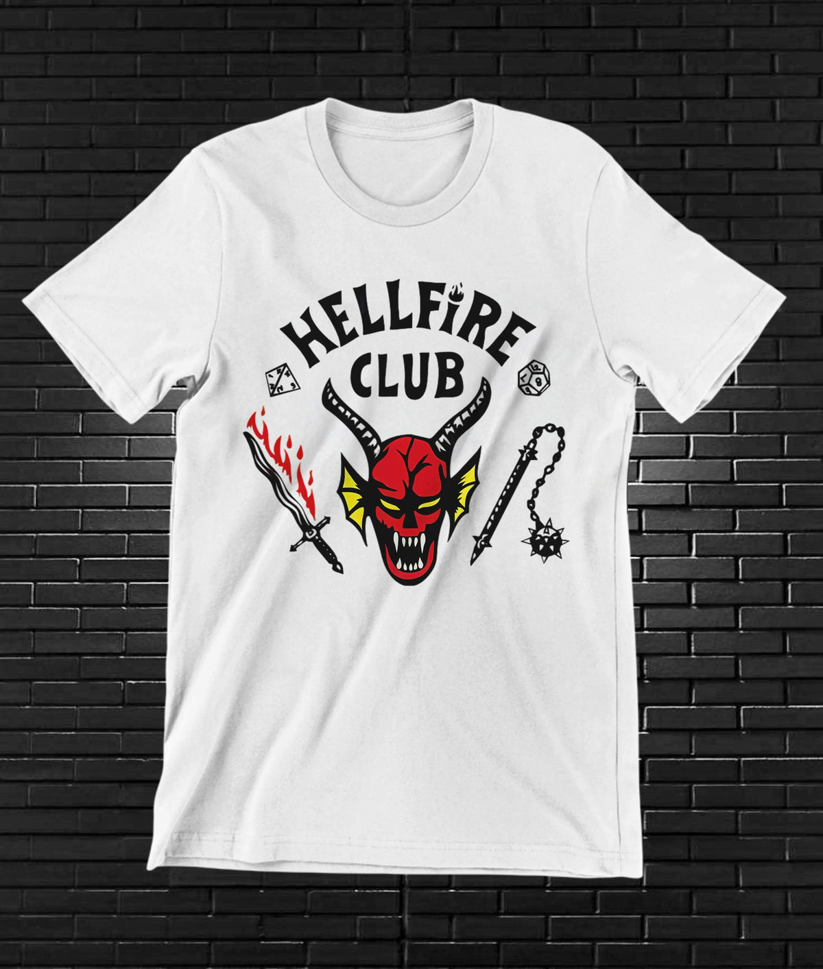 Camiseta Stranger Things – Hellfire Club · emblema de diablo · Blanca