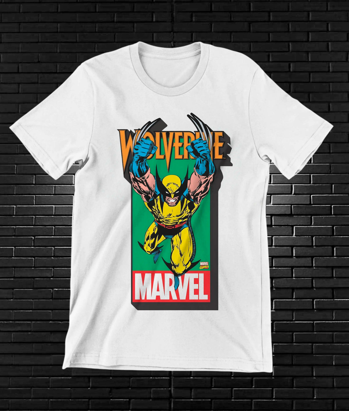 Camiseta Wolverine – Wolverine clásico y letras Marvel · Blanca